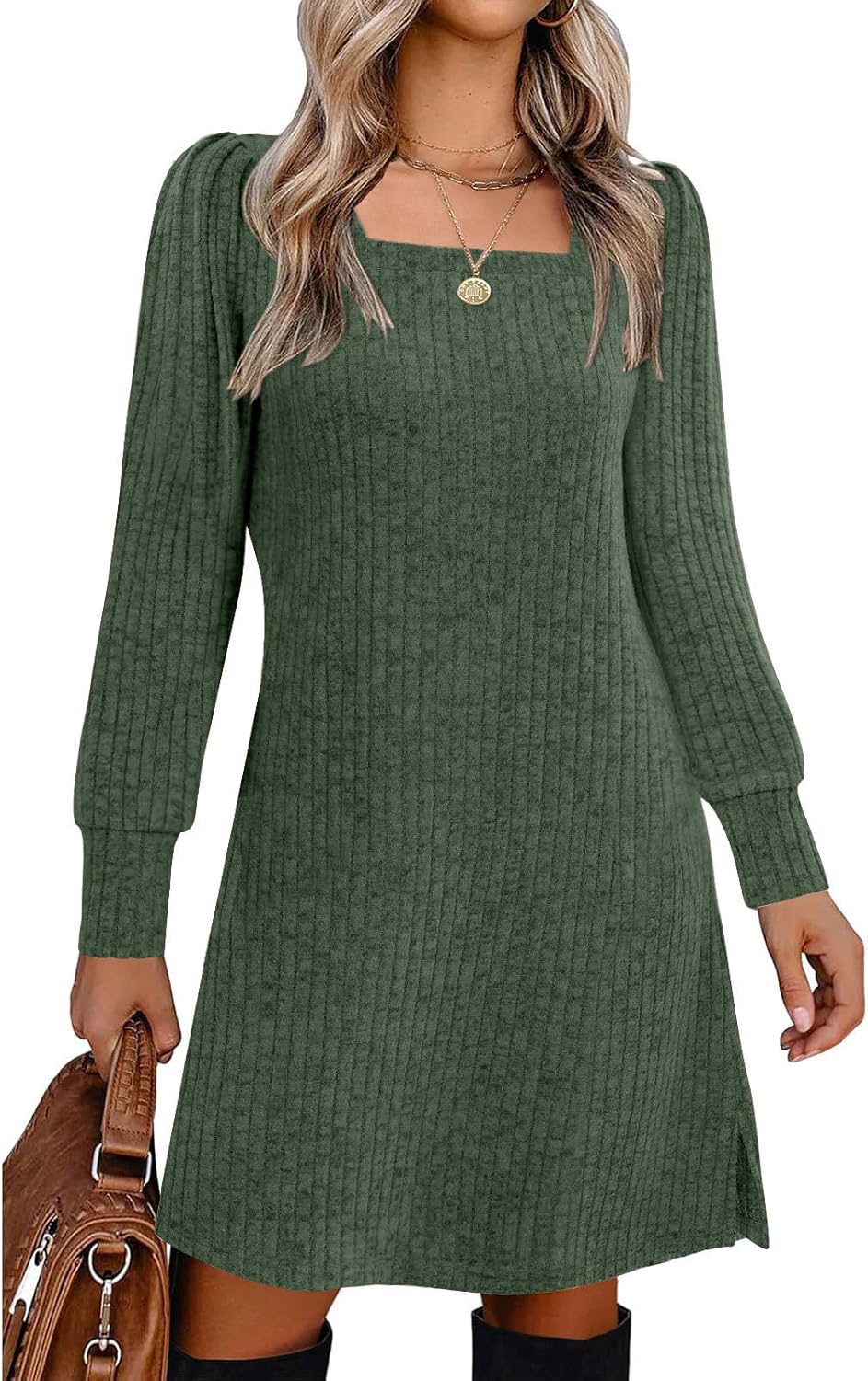 Womens Ribbed Knit Sweater Dress Long Sleeve Square Neck Fall Winter Dresses