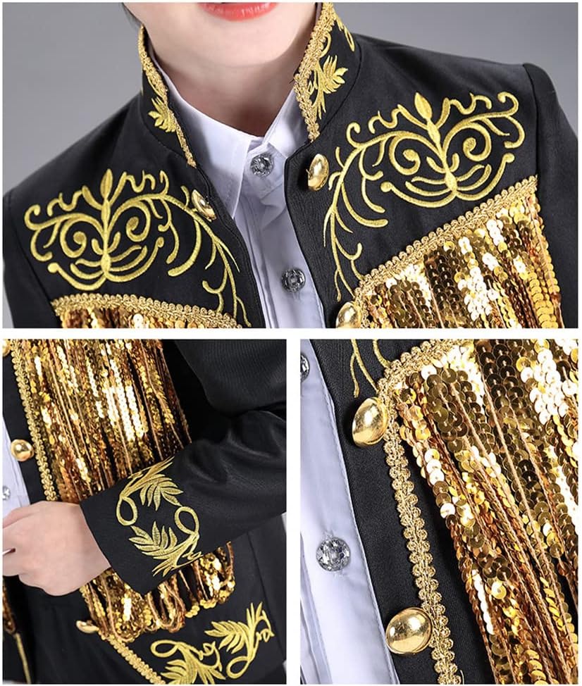 Boys Glitter Sequins Fringe Blazer Embroidered Tuxedo Suit Jacket Fancy Cosplay Prince Retro