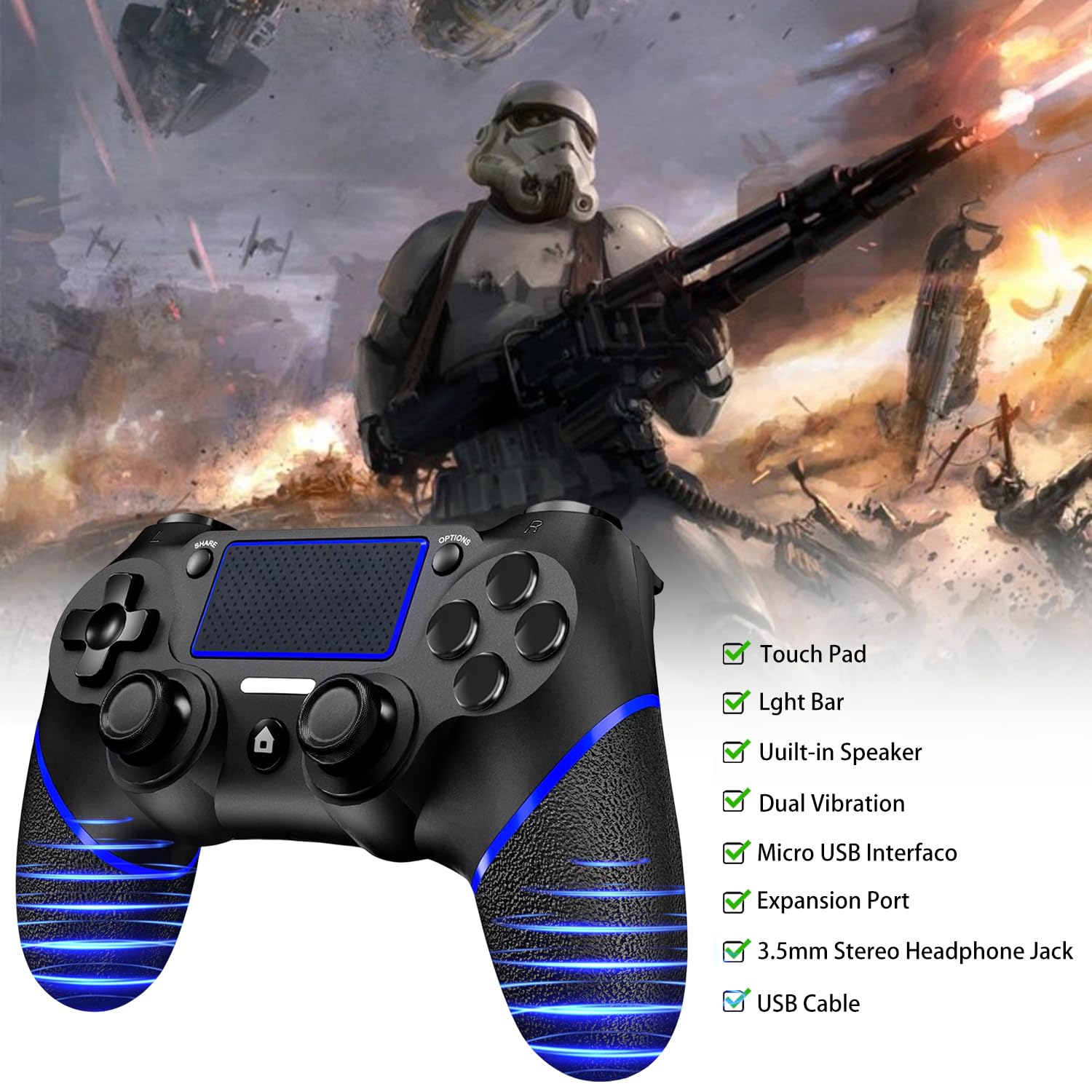 SZDILONG Verbesserter kabelloser Controller für PS4-Gamepad, kompatibel mit PS4/Pro/Slim/Windows-PC, Joystick für PS4 mit Touchpad/Stereo-Kopfhöreranschluss/Sechsachsen-Bewegungssteuerung/Ladekabel