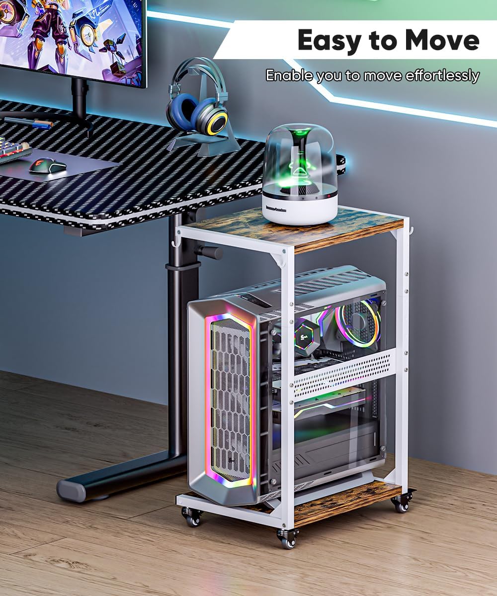 Computer Tower Stand, 2-Tier Metal CPU Holder Stand with Lockable Wheels, Adjustable Under Desk PC Shelf, Mobile Rolling Computer Cart for Home, Office, Gamers and Students, White