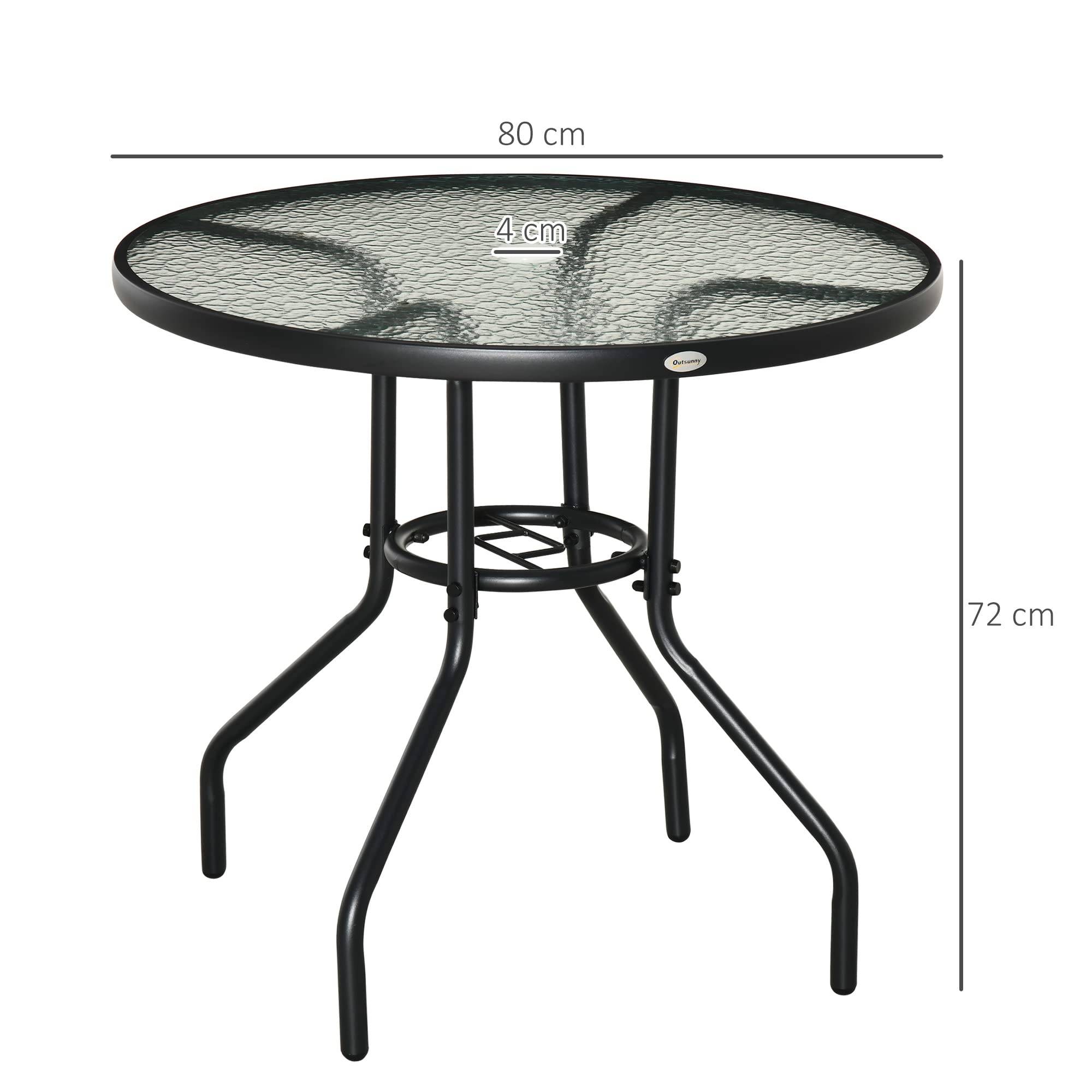 Outsunny Tavolo da Giardino Rotondo 80 cm con Foro per Ombrellone, Tavolino da Caffè Esterno con Piano in Vetro Temperato, Struttura in Metallo per Patio, Terrazzo, Balcone, Nero