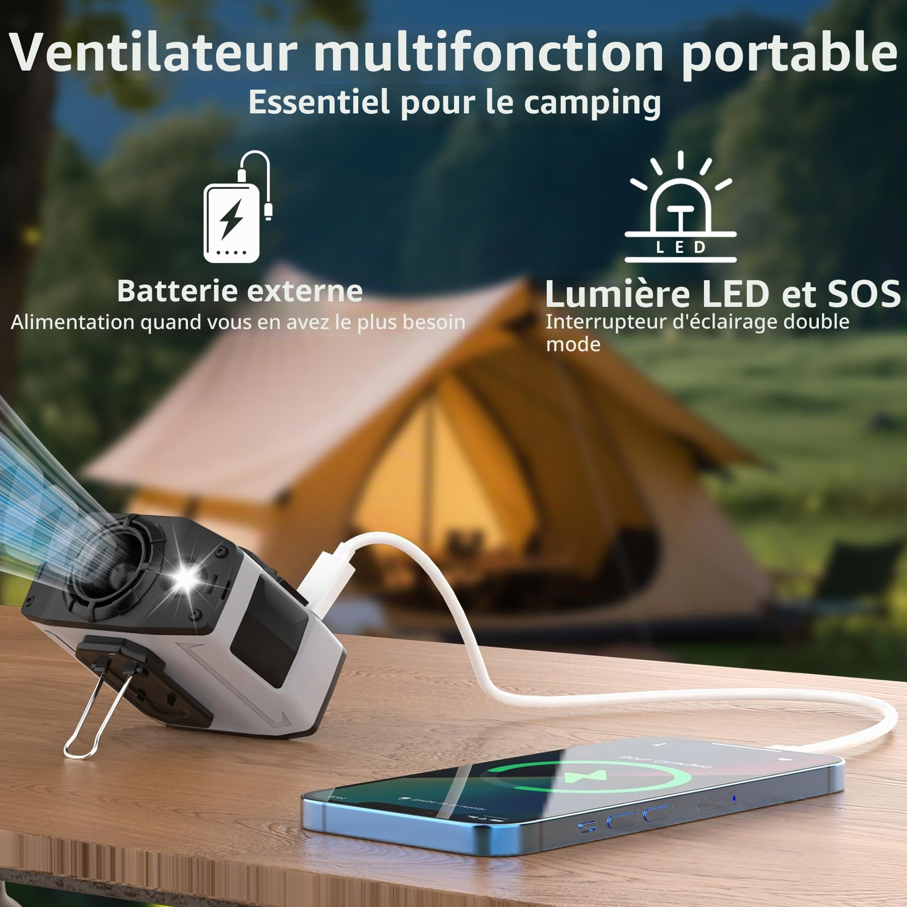ELZO Ventilateur de taille portable à clipser 10 000 mAh avec 5 réglages de vitesse/fonctionne avec batterie rechargeable/lampe de poche/cou mains libres/refroidissement max 41 h pour camping en plein