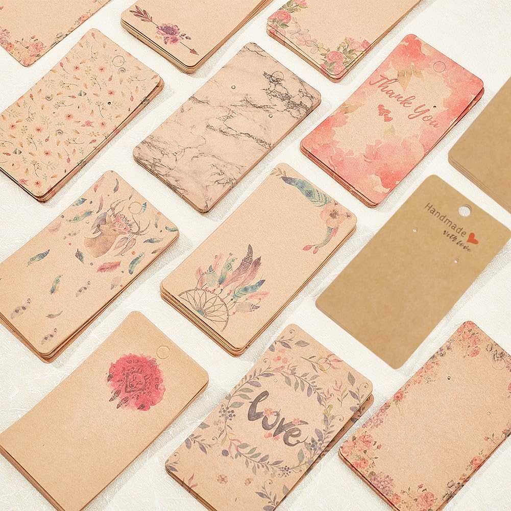 PH PandaHall Earring Display Card Set,126pcs 9 Styles "Thank You" "Since Love" Dreamcather Flower Vintage Paper Earring Holder Hanger 3.5x1.9" with 100pcs Clear Ear Backs for Small Business Mall Store
