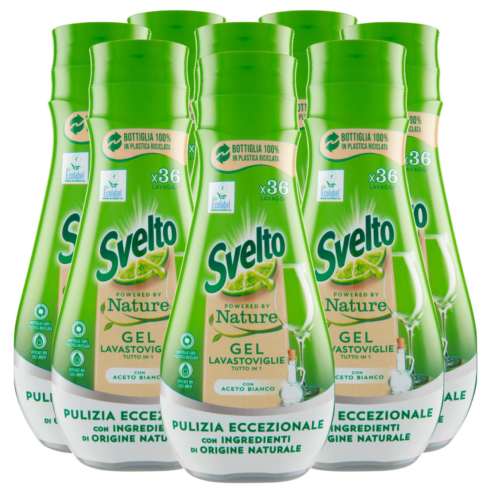 Svelto Powered By Nature Gel Tutto in 1 per Lavastoviglie Pulizia Eccezionale con Aceto Bianco e Ingredienti di Origine Naturale - 8 Flaconi da 640ml