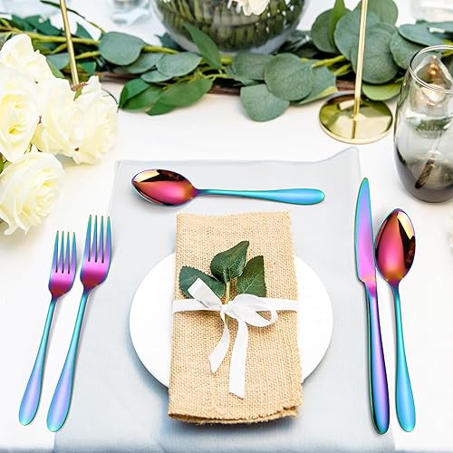 Miniatura 3 de A  HOUSEWARE 40 Piece Stainless Steel Flatware Set Service for 8 Rainbow Silverware Kitchen Tableware Colorful Forks and Spoons with Steak Knives