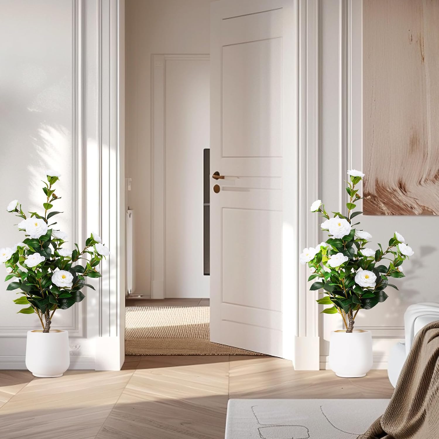 Artificial Camellia Tree 2 Pack, 3FT Faux Camellia Tree with Planter, Fake Plants Potted Camellia with Lifelike Flower for Living Room Office Decor Indoor