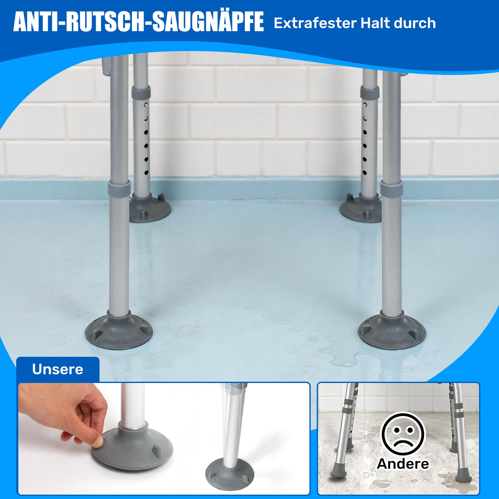 EasyVibe Duschstuhl für Senioren mit Saugnapf-Füßen, Duschhocker mit U-Ausschnitt, Badestuhl mit Armlehnen & Rückenlehne, 150kg Tragkraft, Werkzeugfreie Montage, Grau