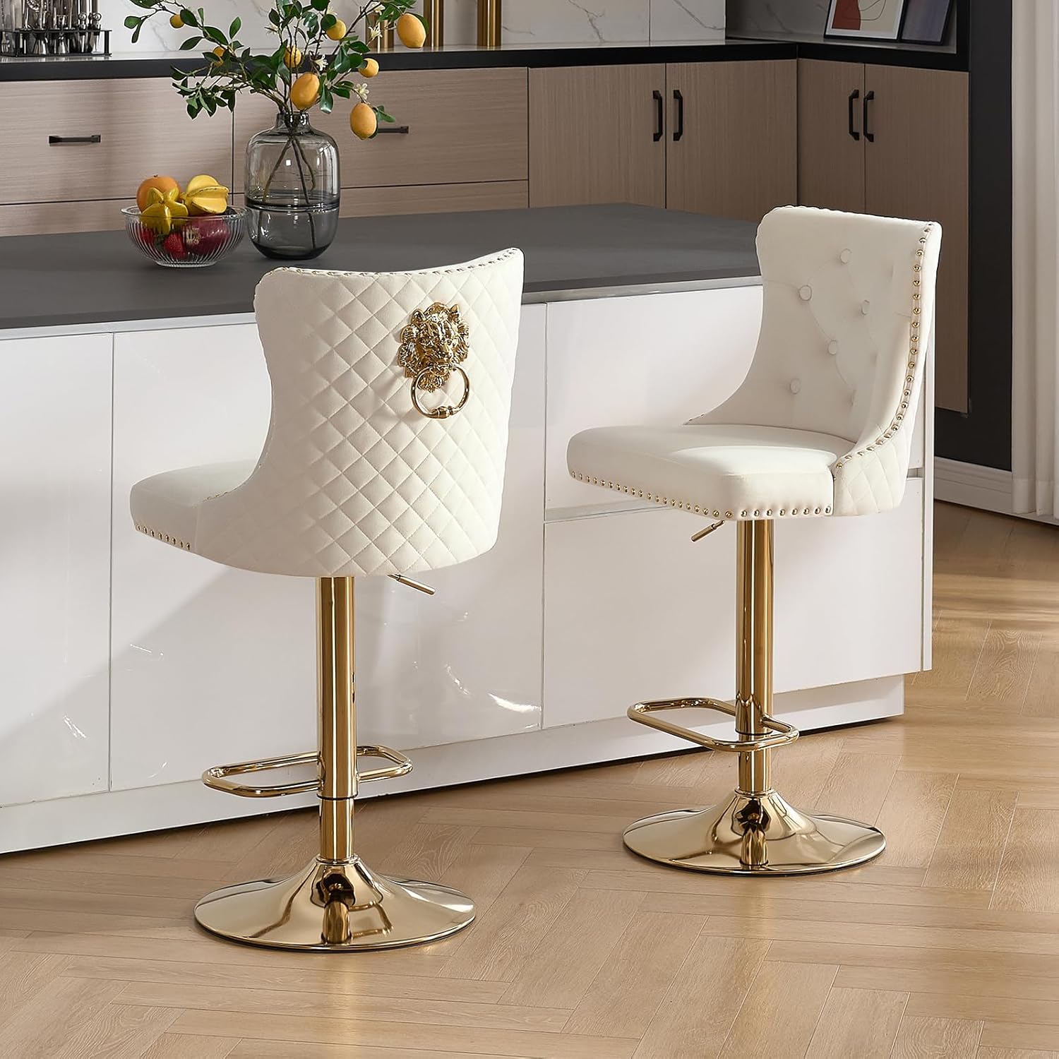 Swivel Gold Bar Stools Set of 2, Velvet Adjustable Barstools with Tufted Back, Nailheads Trim and Pull Ring, Counter Height Upholstered Bar Chairs for Kitchen Island Restaurant Home (Cream-Gold)