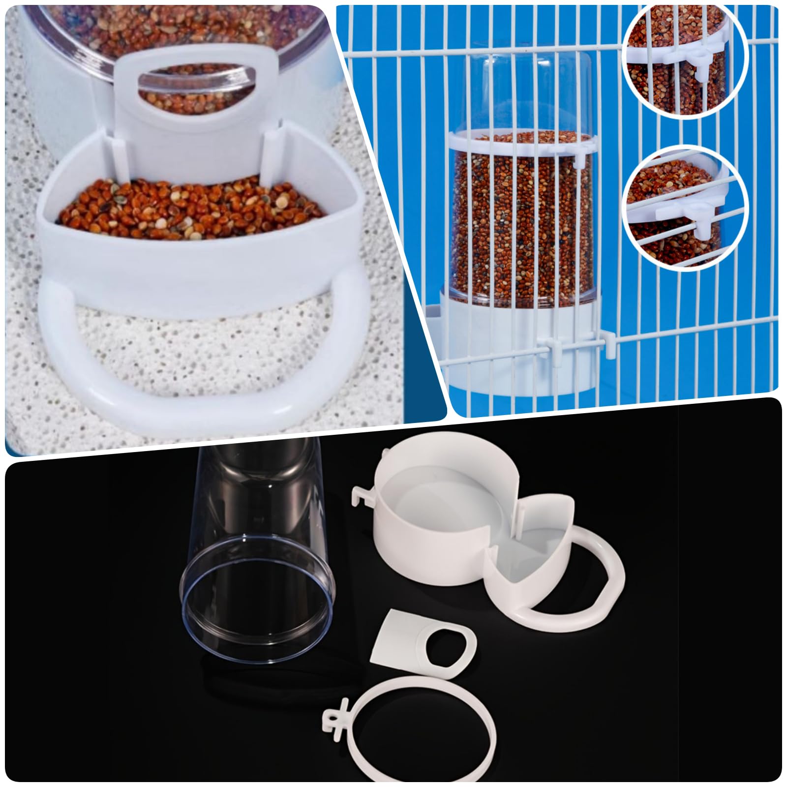Dispensador de agua para pájaros, 2 botellas automáticas para jaula, dispensador de alimentos para loros, comedero para loros, accesorios para periquitos, cacatúas (blanco, 415 ml)