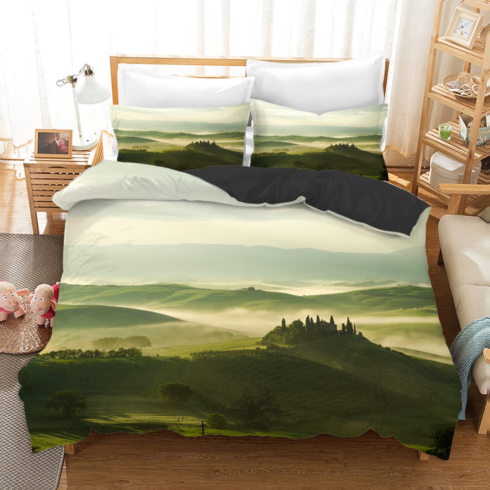Housse de couette 160x200 bleu frais en microfibres avec 2 taies d'oreiller