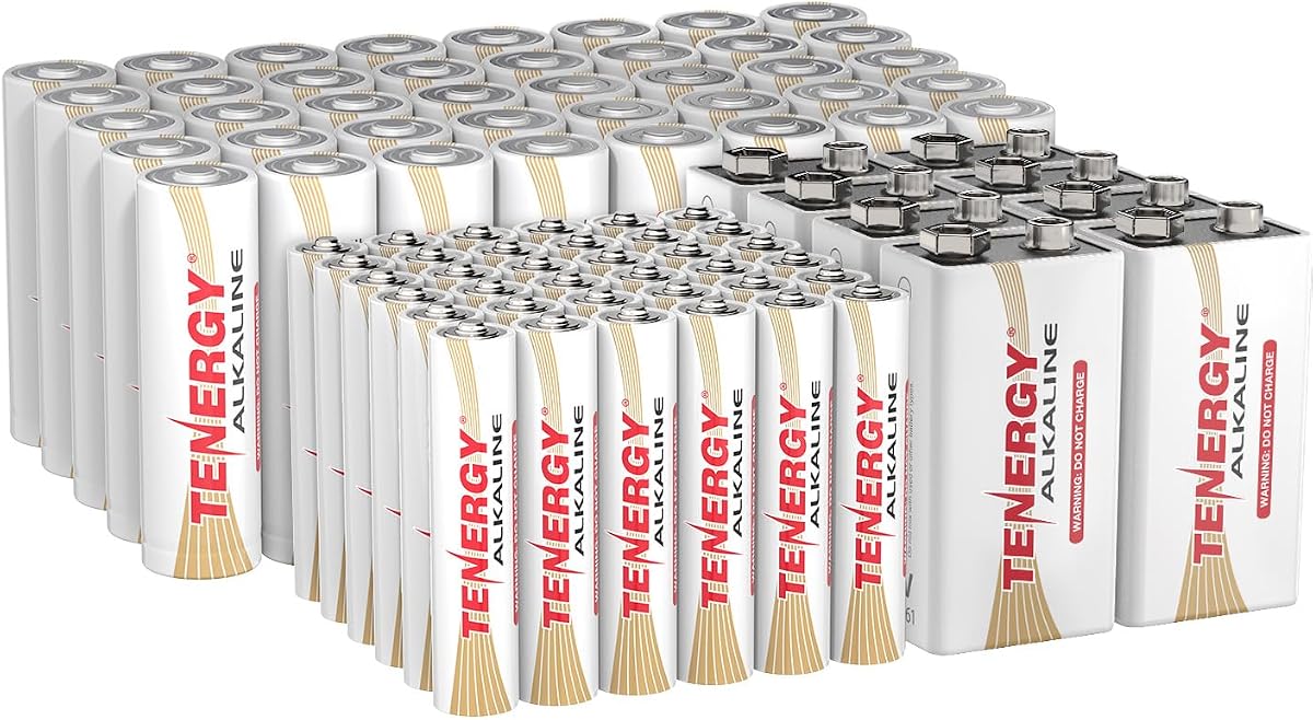 Tenergy 84 Pack Alkaline Batteries, 40 Pack AA, 36 Pack AAA, and 8 Pack 9V Size Batteries for Household Electronics