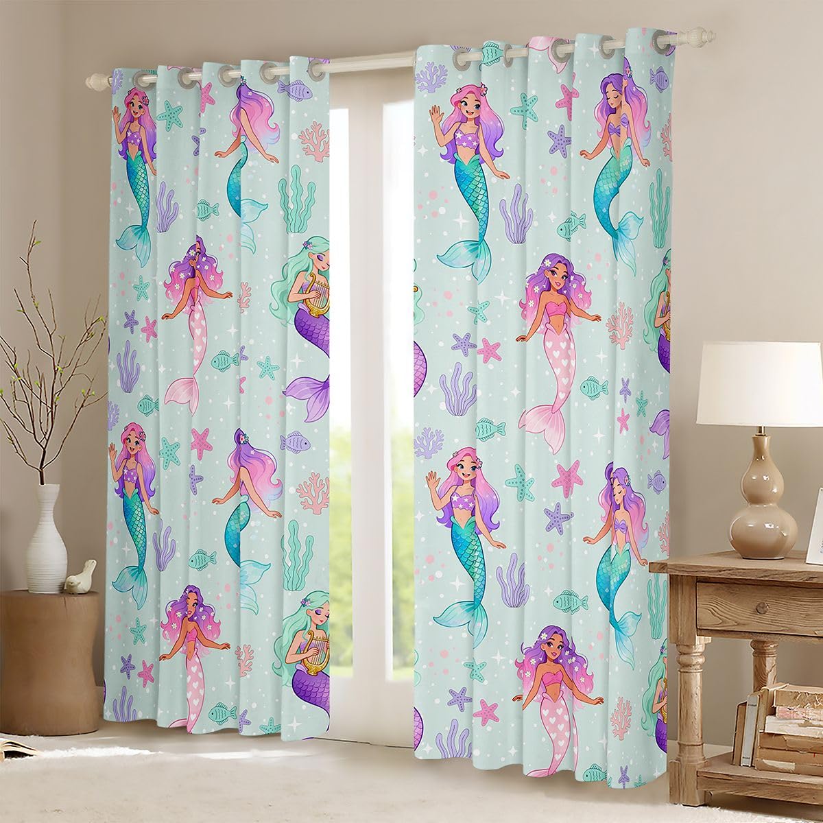 Homemissing Tende oscuranti a sirena, per camera da letto, soggiorno, motivo squame di pesce, arcobaleno, 2 pannelli, 117 x 183 cm (larghezza x lunghezza), animali marini, decorazione per camera da