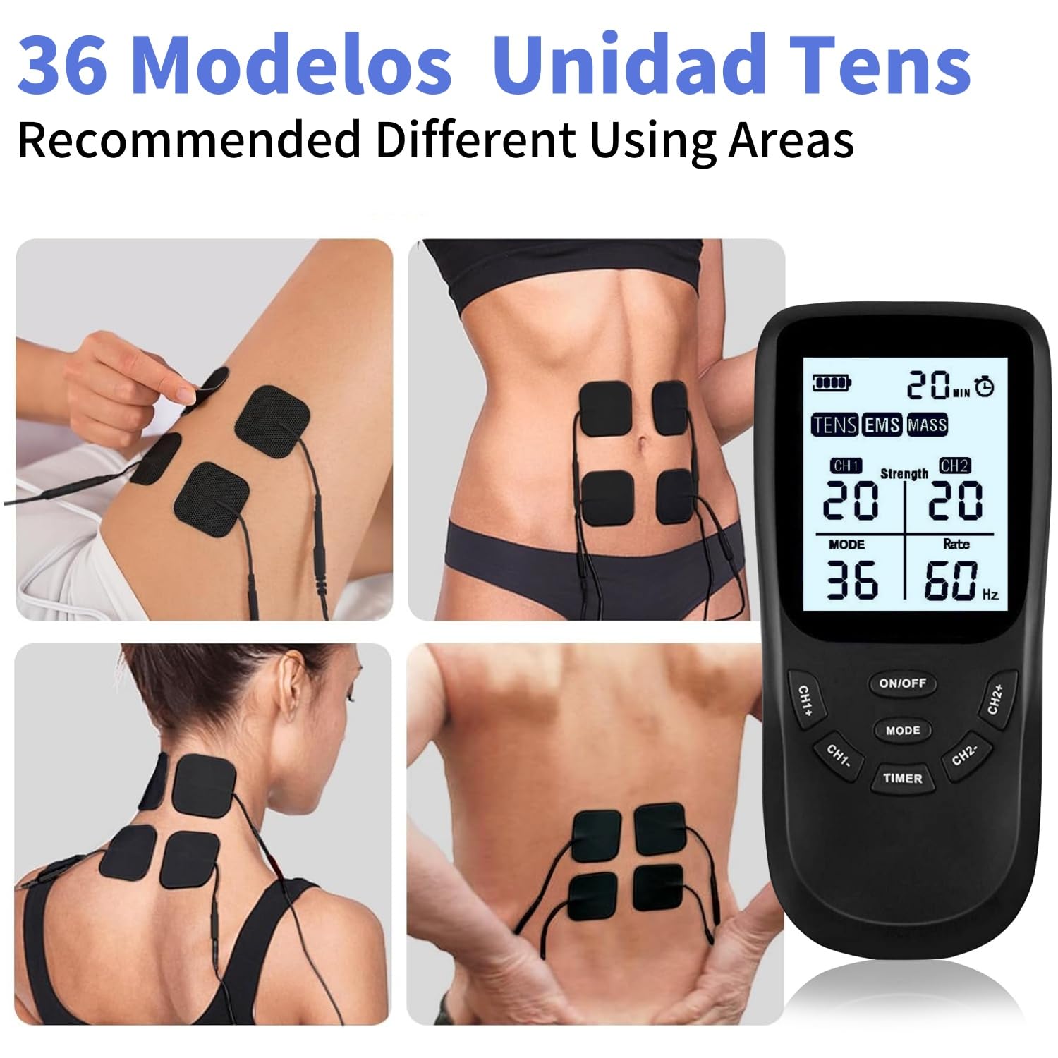 Électrostimulateur musculaire 3 en 1 :TENS/EMS/Massage, thérapie anti-douleur TENS, stimulation électrique des muscles EMS, facile à emporter,36 programmes de Massage + 8 électrodes