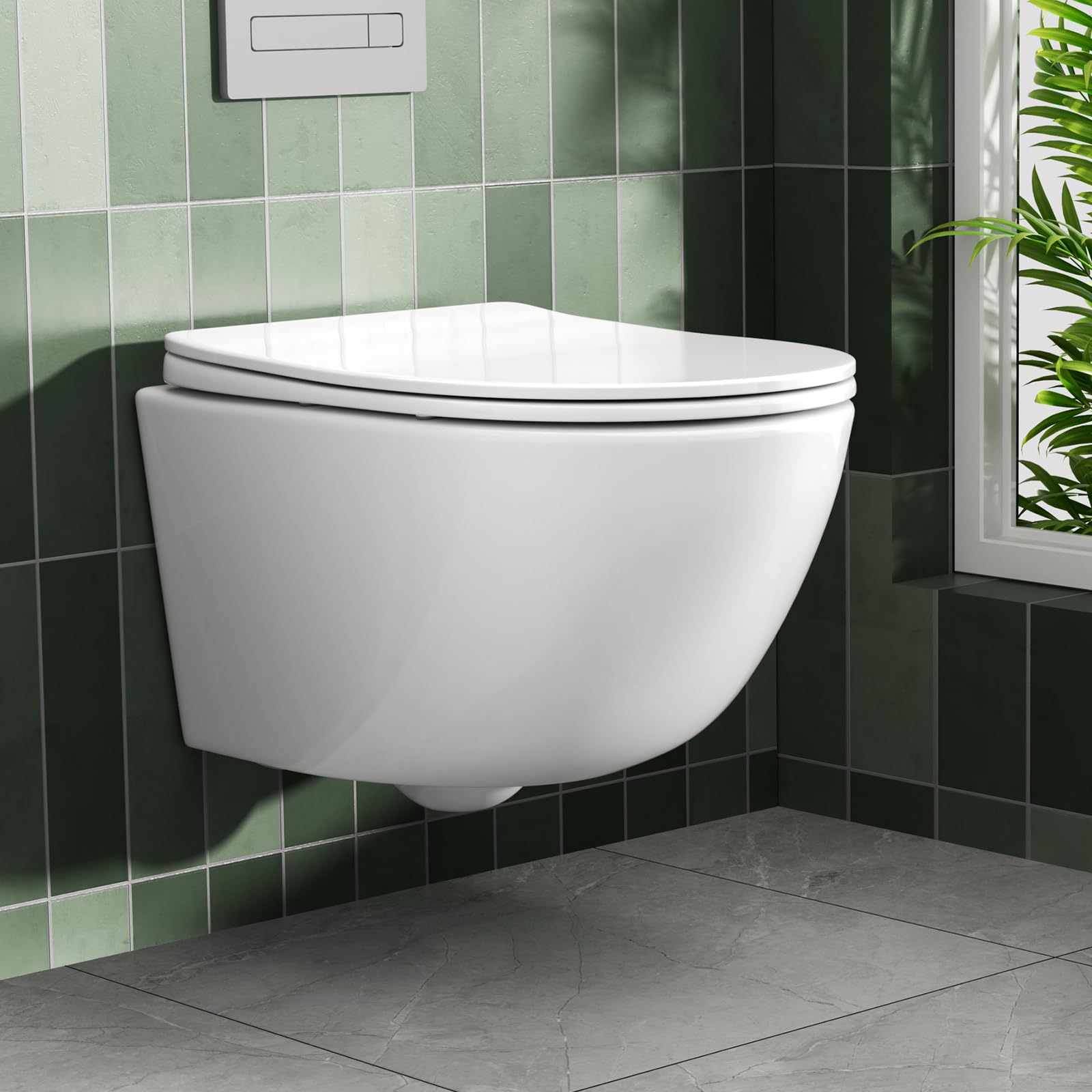 Rainsworth Wisząca muszla klozetowa, wolnoopadająca, kompaktowa ceramiczna toaleta, 48,5 cm długości, łatwa do czyszczenia, do łazienki
