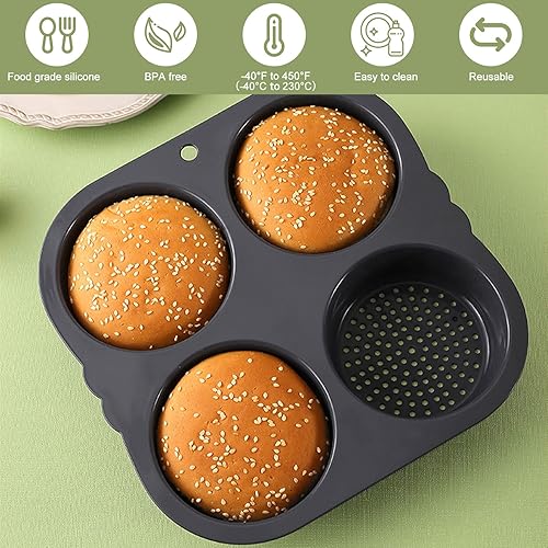 Miniatura 2 de Molde de silicona para bollo de hamburguesa con 4 cavidades, molde antiadherente para panecillos de hamburguesas flexible, fácil de liberar, lavable