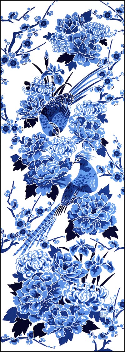 染の安坊 Anbo Tenugui Hand Towel, Blue and White collection, Flowers and birds, 100% Cotton, Made in Japan, 35cm×100cm