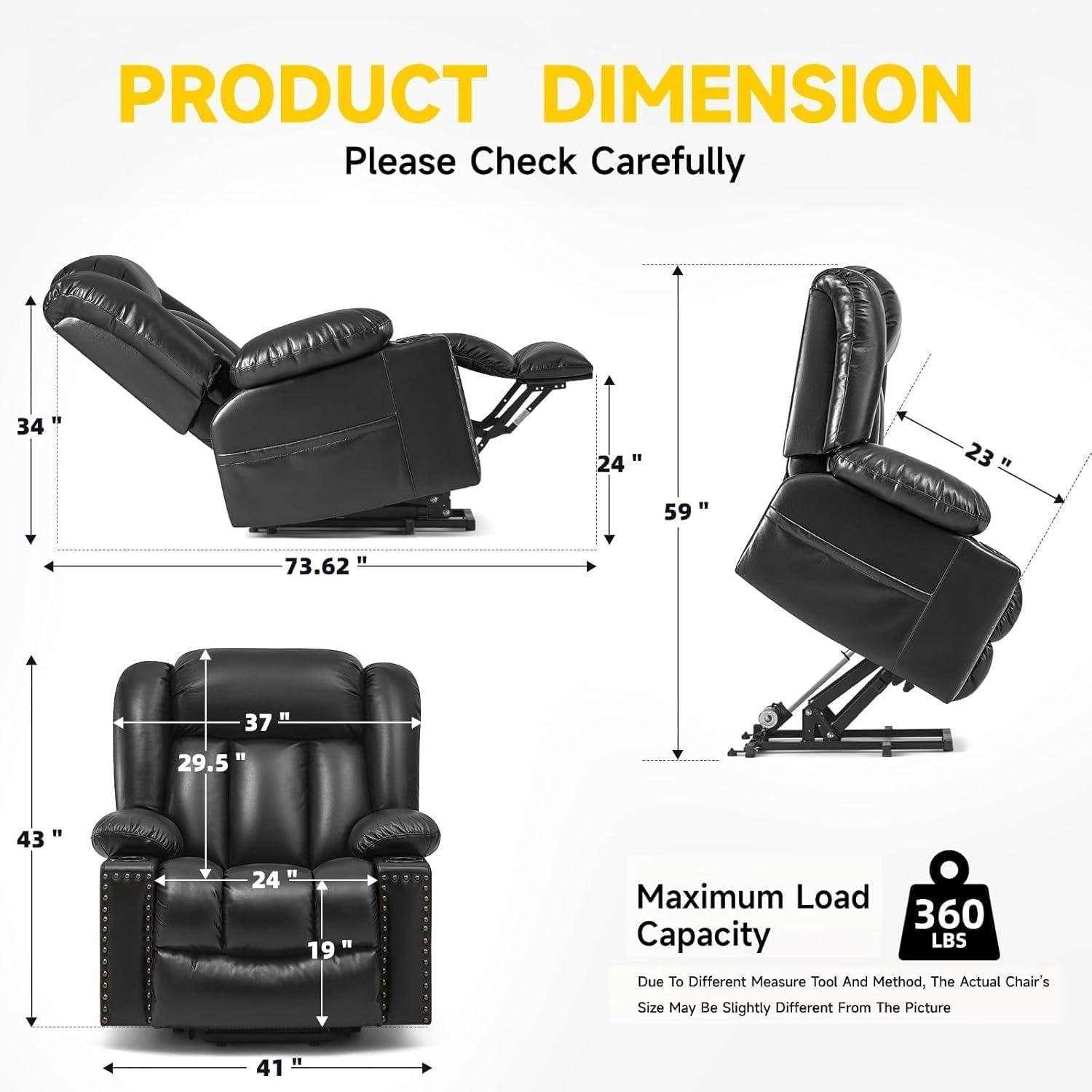 Genuine Leather Oversized Recliner Sofa with Power Lift, Heat and Massage, Remote Control, USB Charging Ports, Cup Holders, and Dual Motor Infinite Position Recline Comfort