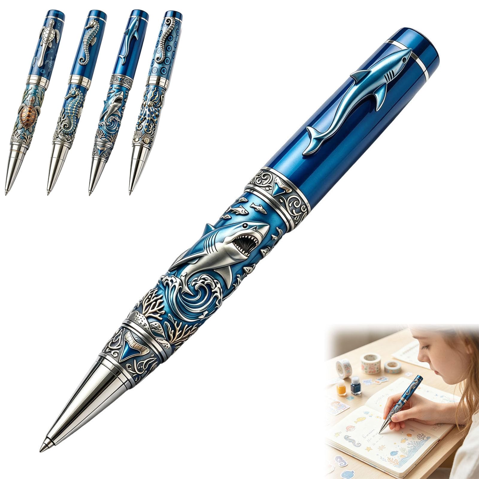 Sea Animal Metal Rollerball Pen,2D Vintage Blue Ringed Octopus Pen，Shark