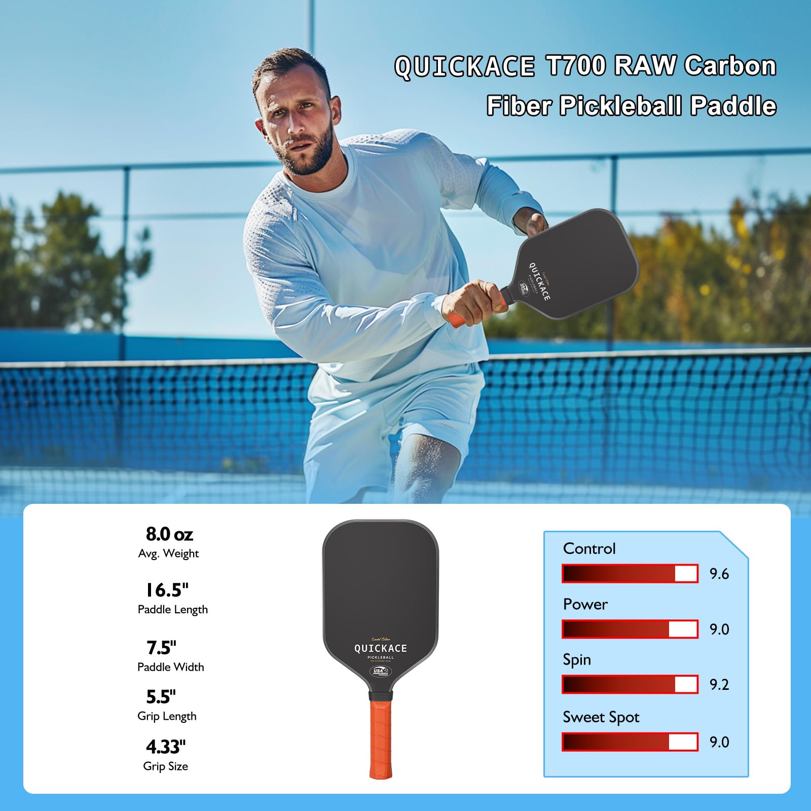 Amazon | QUICKACE 16mm T700 カーボンファイバーピックルボールパドル
