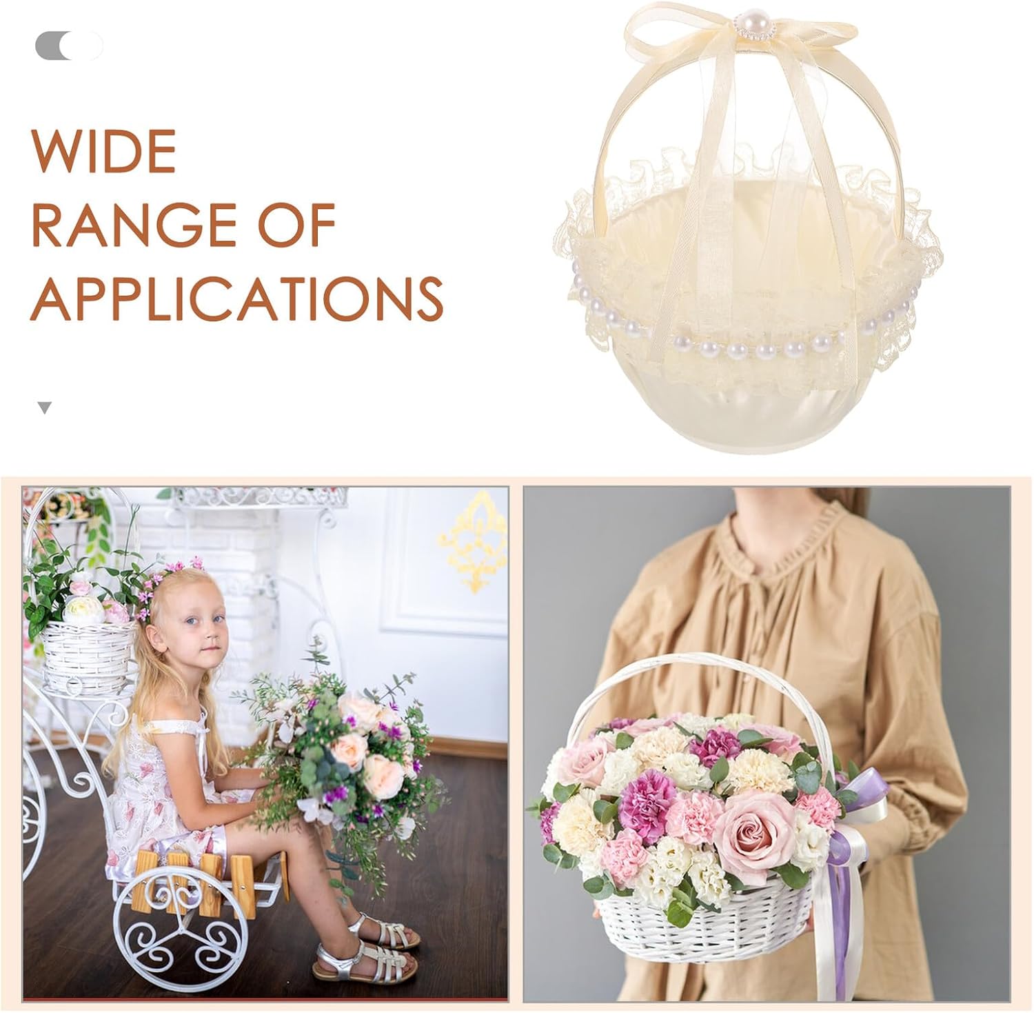 STAHAD Wedding Flower Girl Basket with Handle and Bowknot Decoration Lightweight Ivory Floral Basket for Outdoor Weddings and Bridal Parties