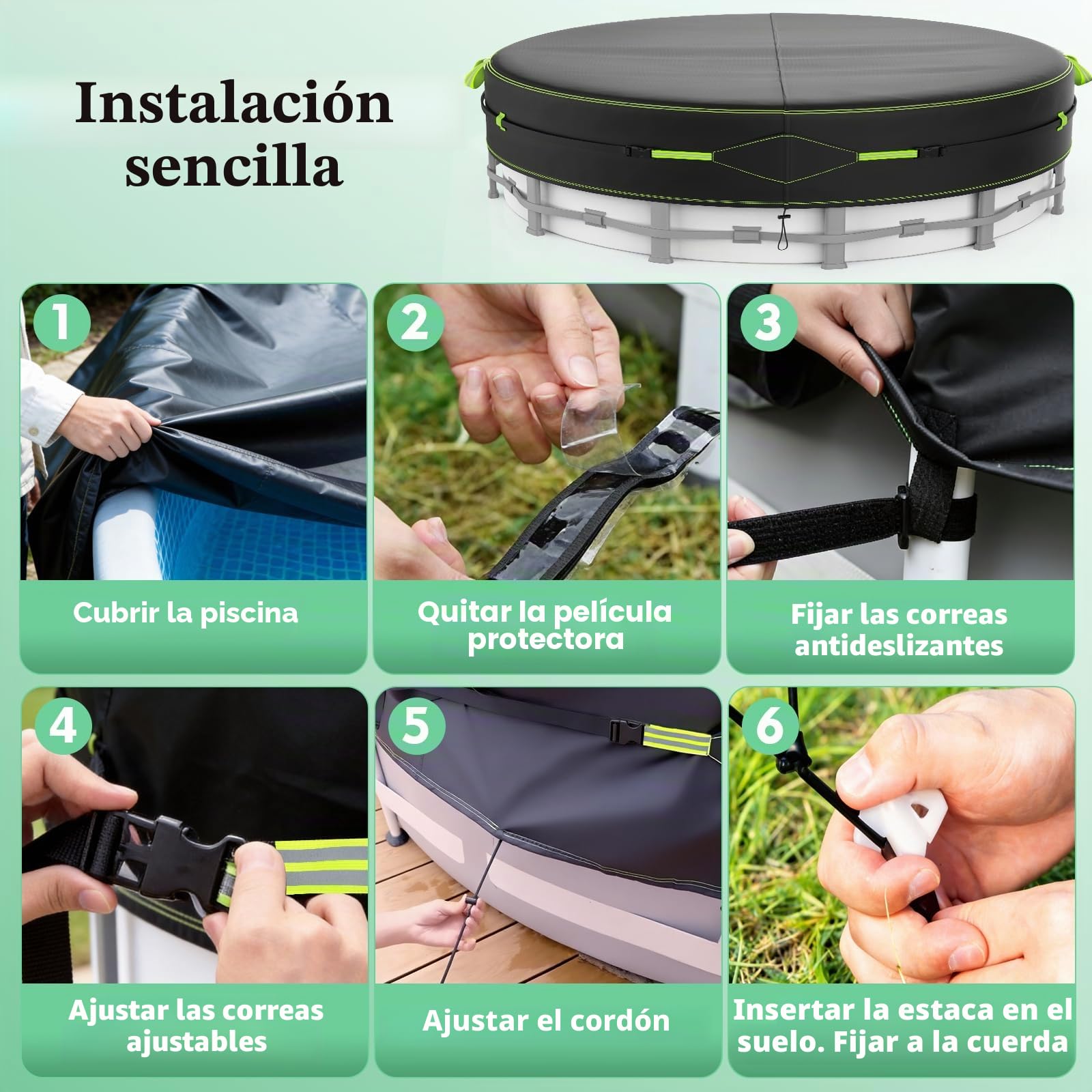 Cubierta para Piscina, Lona Piscina con Tiras Reflectantes, Estaca Luminosa, con Protección UV, Hermética al Polvo, para Piscinas Elevadas y Trampolines, Ø304 (260-302cm), Negro