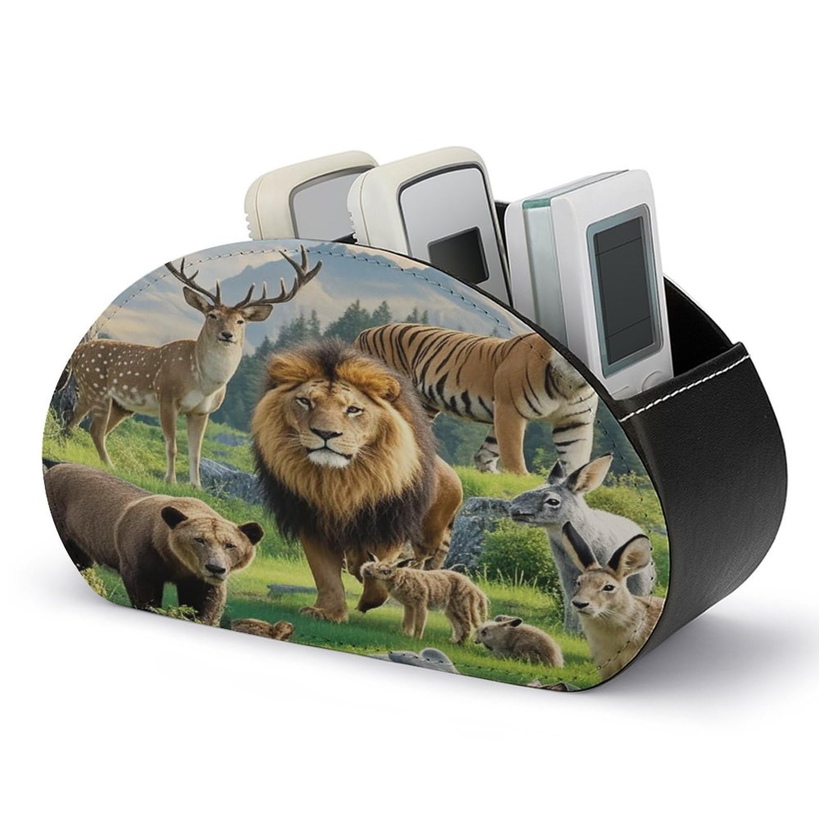 FekiLoot Wild Animals Remote Control Holder with 5 Compartments Multi-functional TV Remote Caddy Organizer Leather TV Remote Holder Desktop Organizer Store for Bedside Table Office Desk