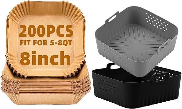 200Pcs Air Fryer Liners Disposable and 2 Pcs Reusable Square Airfryer Liners for Ninja/Instant Pot Vortex Plus/Paris Hilton/Chefman/Cuisinart/Gourmia 6QT