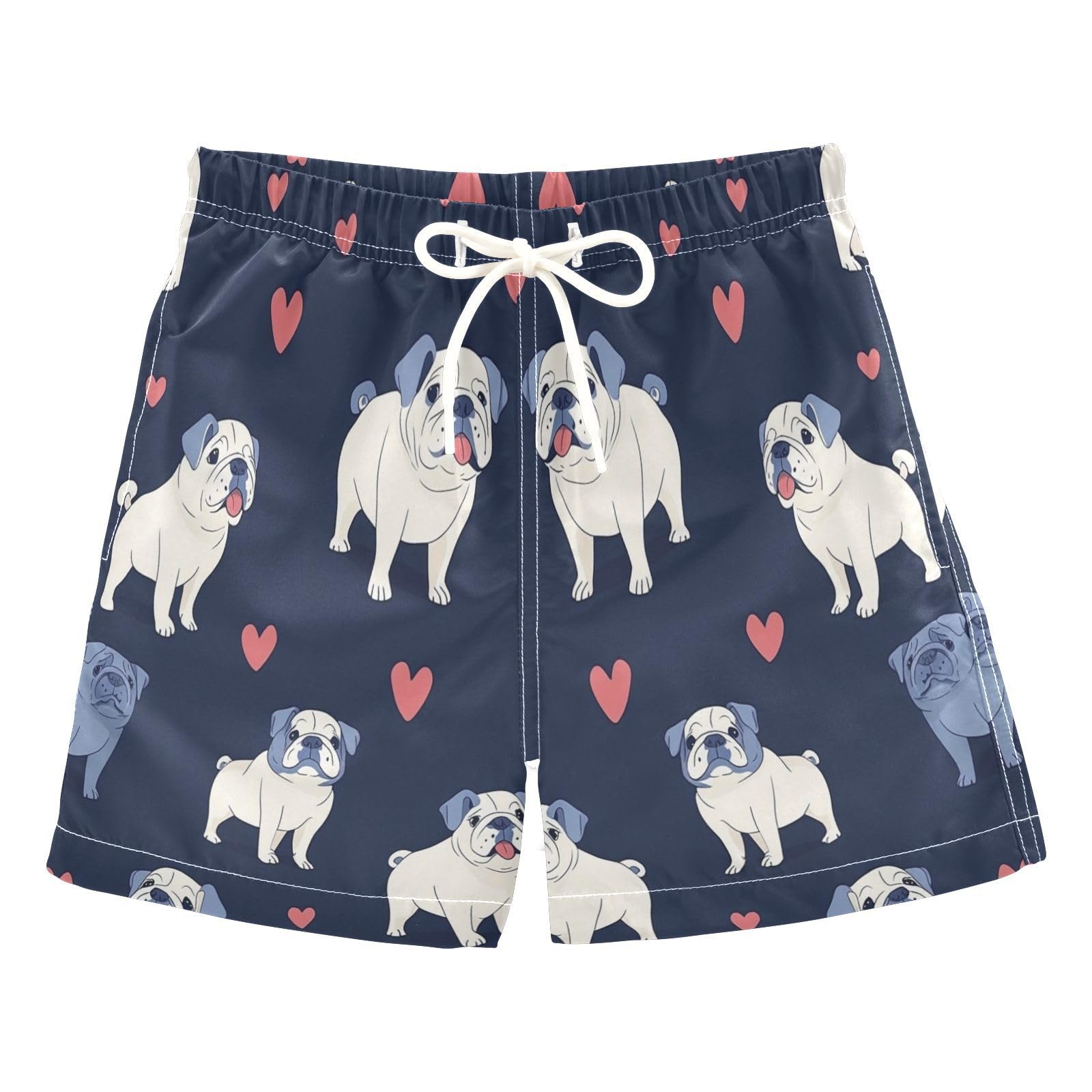 Jucciaco Boys Beach Board Shorts Bulldog Cute Heart Blue Quick Dry Swim Trunk Swimwear for Kids