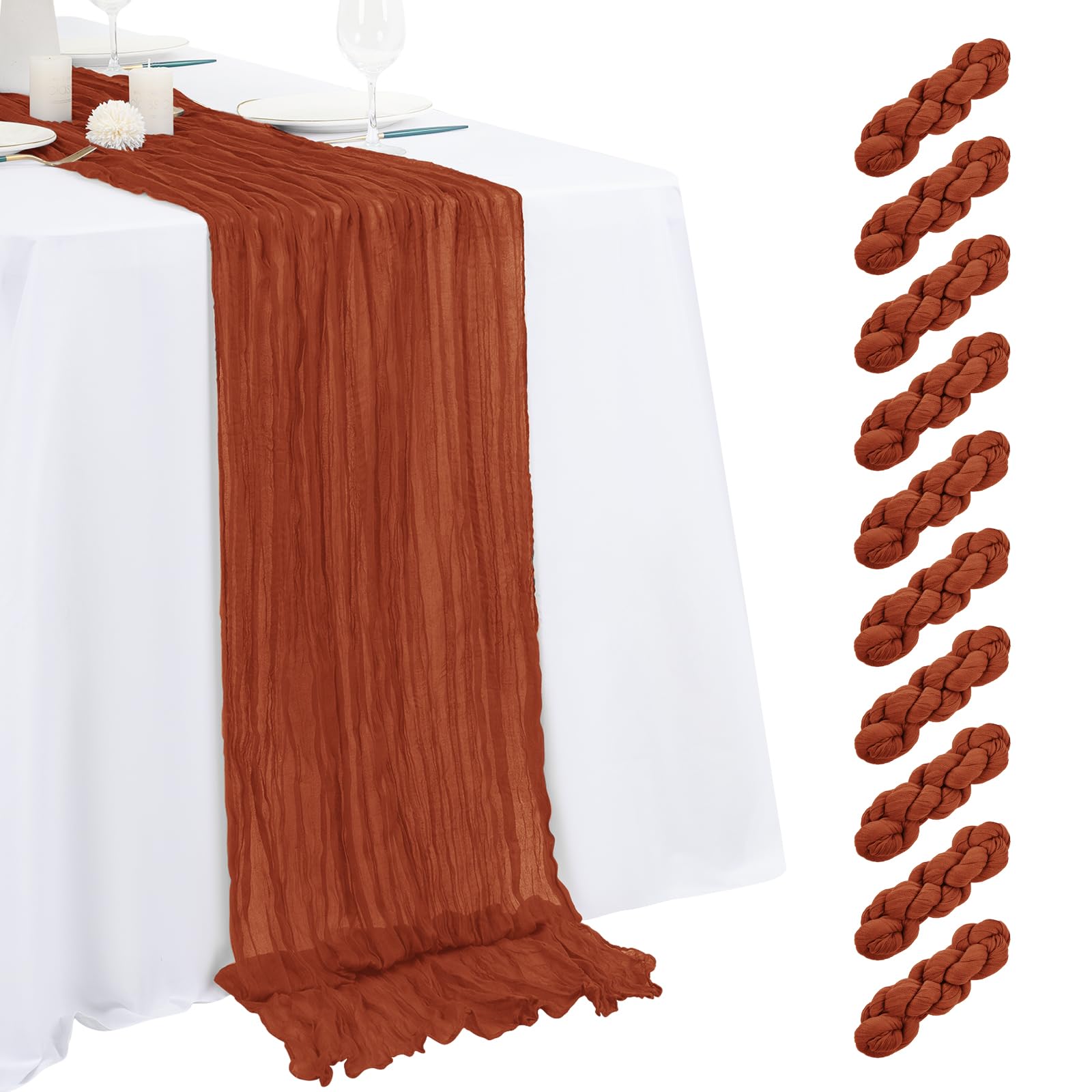 Photo 1 of 10 Pack Terracotta Cheesecloth Table Runner 17x108 Inch Semi Sheer Boho Gauze Cheese Cloth Table Runners, for Wedding Bridal Shower Birthday Party Home Decor Garden Farmhouse