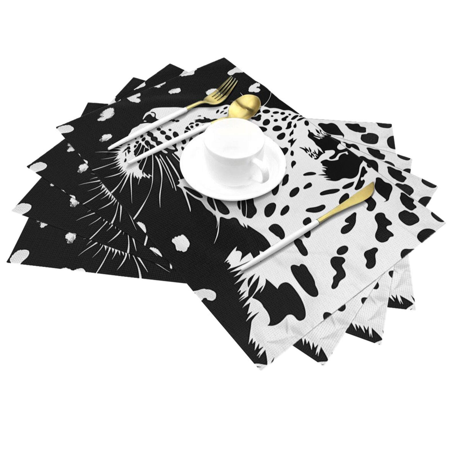 Set di 6 tovagliette con stampa leopardata nera, in PVC intrecciato resistente al calore, per tavolo da pranzo, per interni ed esterni, 45 x 30 cm