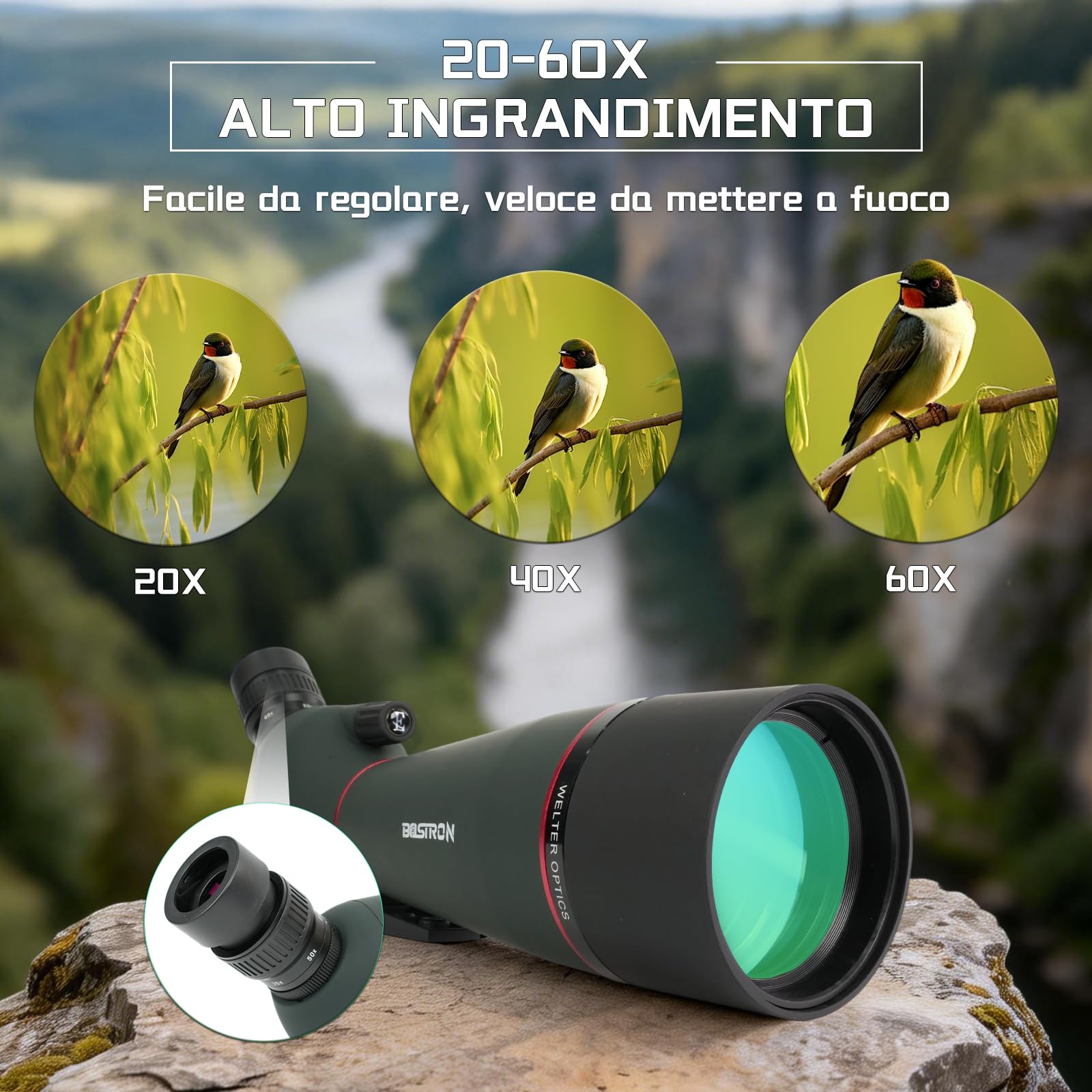 Cannocchiale 20-60x80, Telescopio Spotting Scope da Campo con Treppiede - Ottiche FMC e Prisma Porro HD, Cannocchiale con Adattatore Smartphone per Birdwatching, Tiro a Segno e Natura