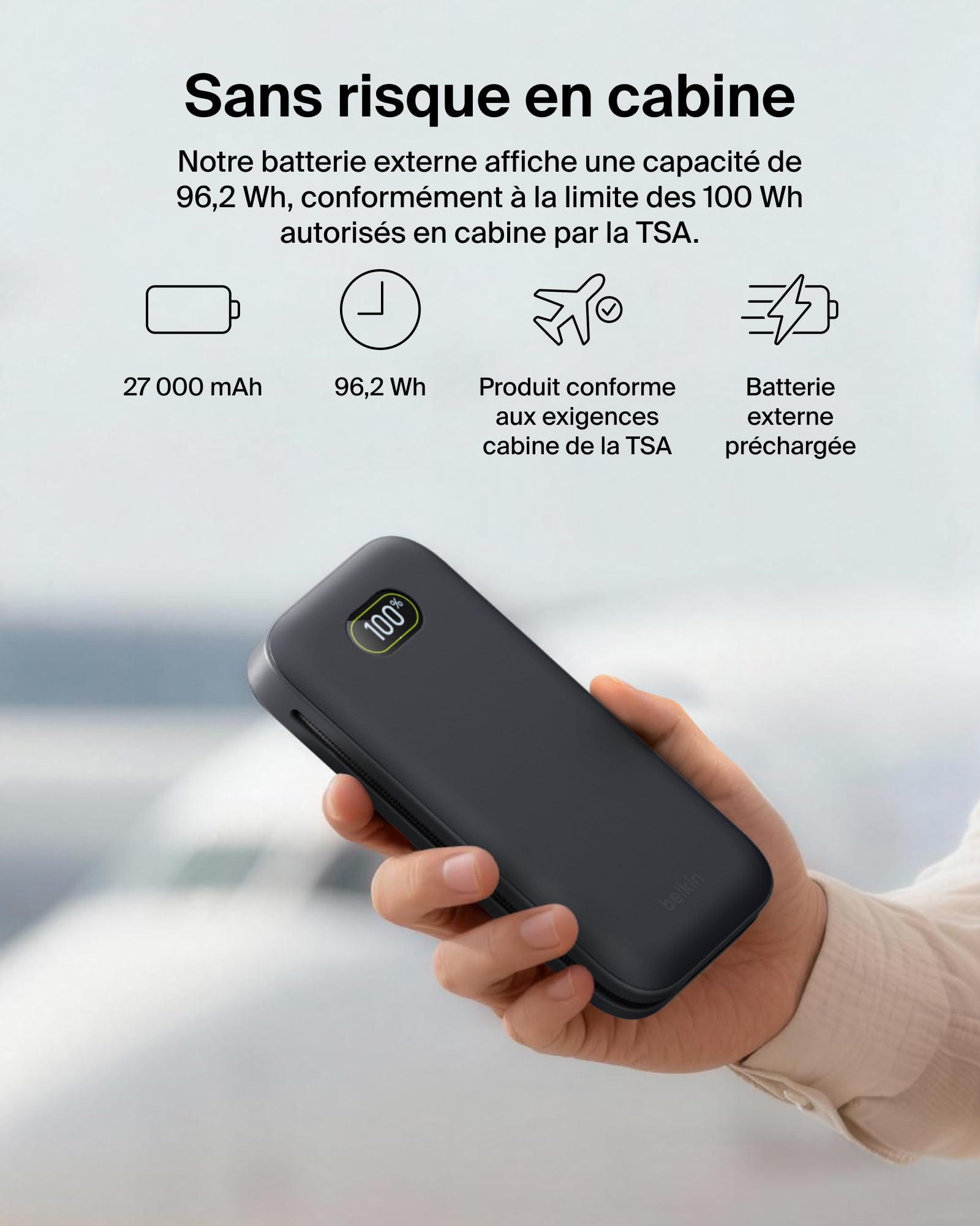 Belkin UltraCharge Pro Batterie Externe 27000mAh, Chargeur Portable avec Câble USB-C Intégré, USB PD 240 W, Power Bank Charge Rapide pour MacBook Pro, iPhone, iPad, Galaxy, Pixel, etc., Gris