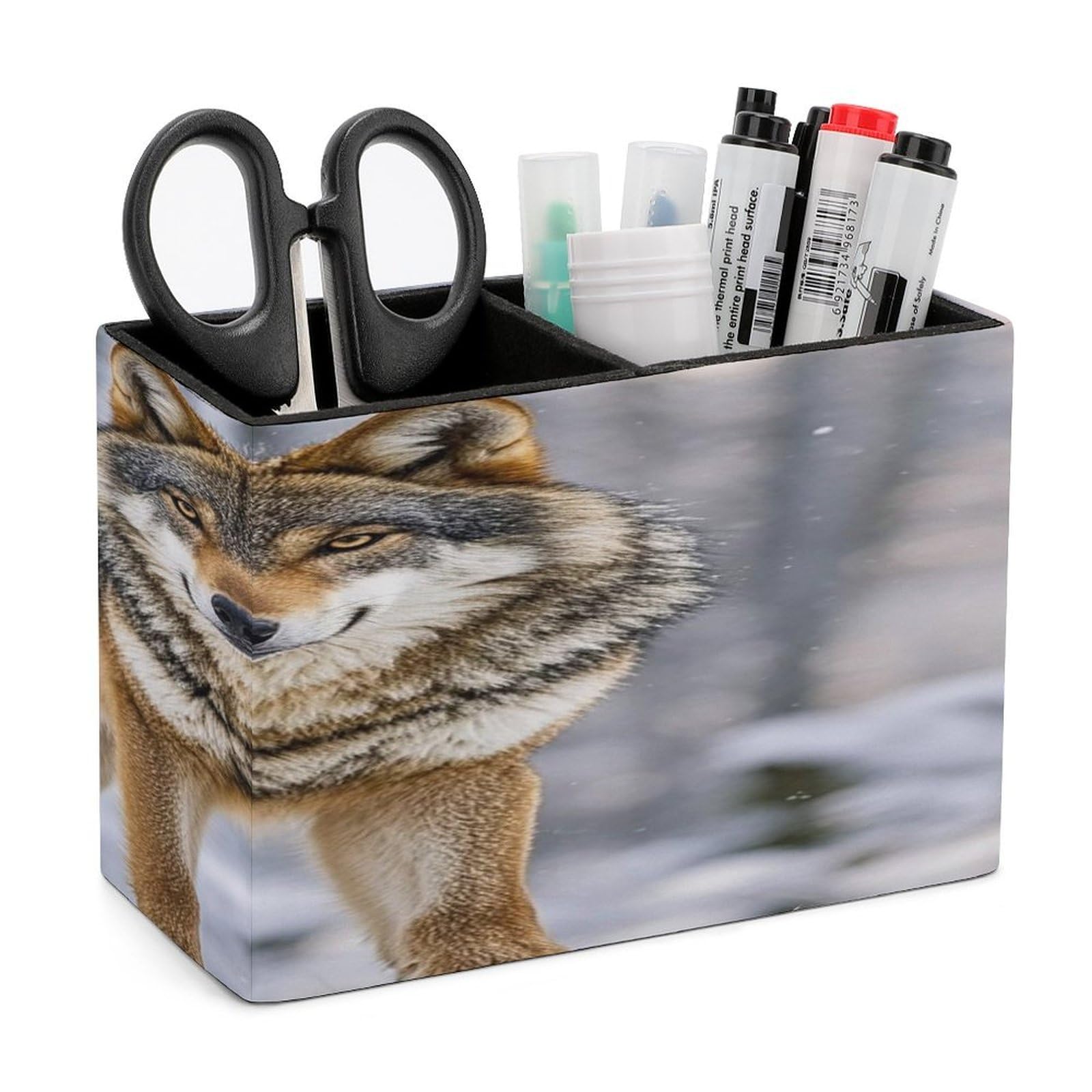 LZQPOEAS Wolf Leather Pen Holder with 2 Compartments Luxury Pencil Holder Minimalist Pencil Cup Brush Scissor Holders Elegant Pen Cup for Office Home Desk Accessories
