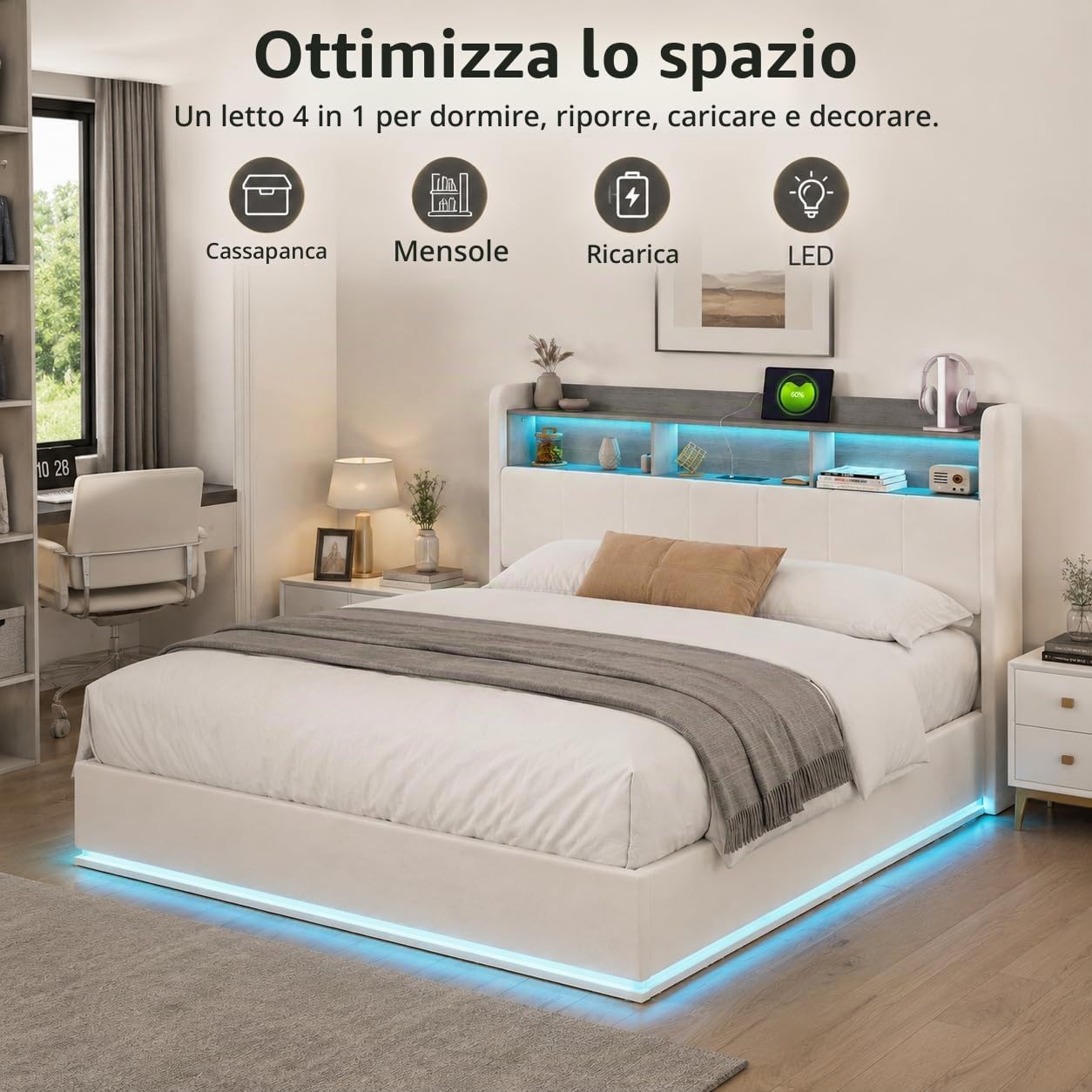 Letto contenitore 160x200 cm con rete a doghe, testiera con illuminazione a LED e porta USB, letto imbottito con contenitore, velluto bianco