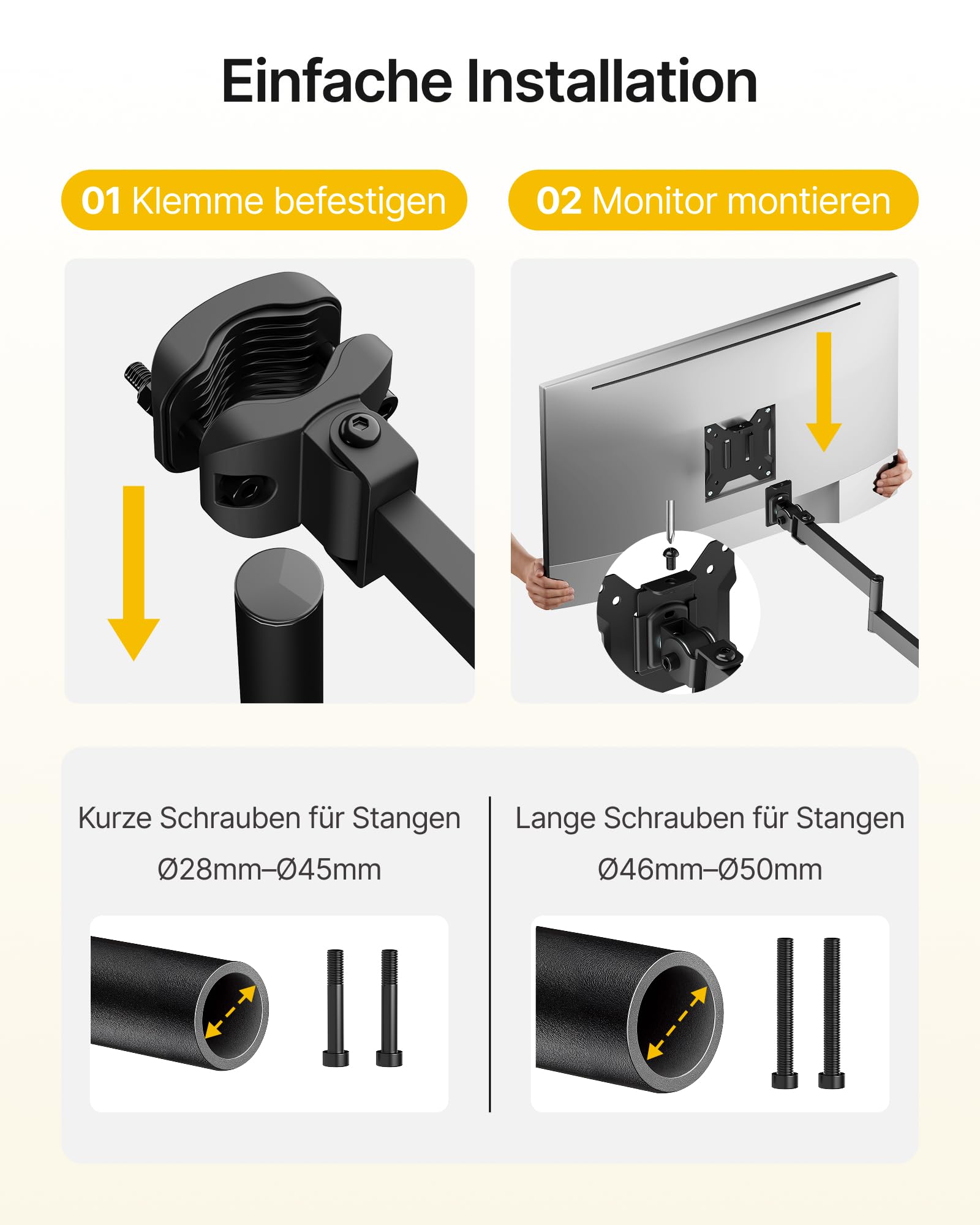 monTEK Braccio per monitor da 25 pollici con braccio extra lungo per schermi da 17-32 pollici, montaggio VESA a movimento completo con piastra a sgancio rapido 75 x 75/100 x 100 mm, adatto a pali da