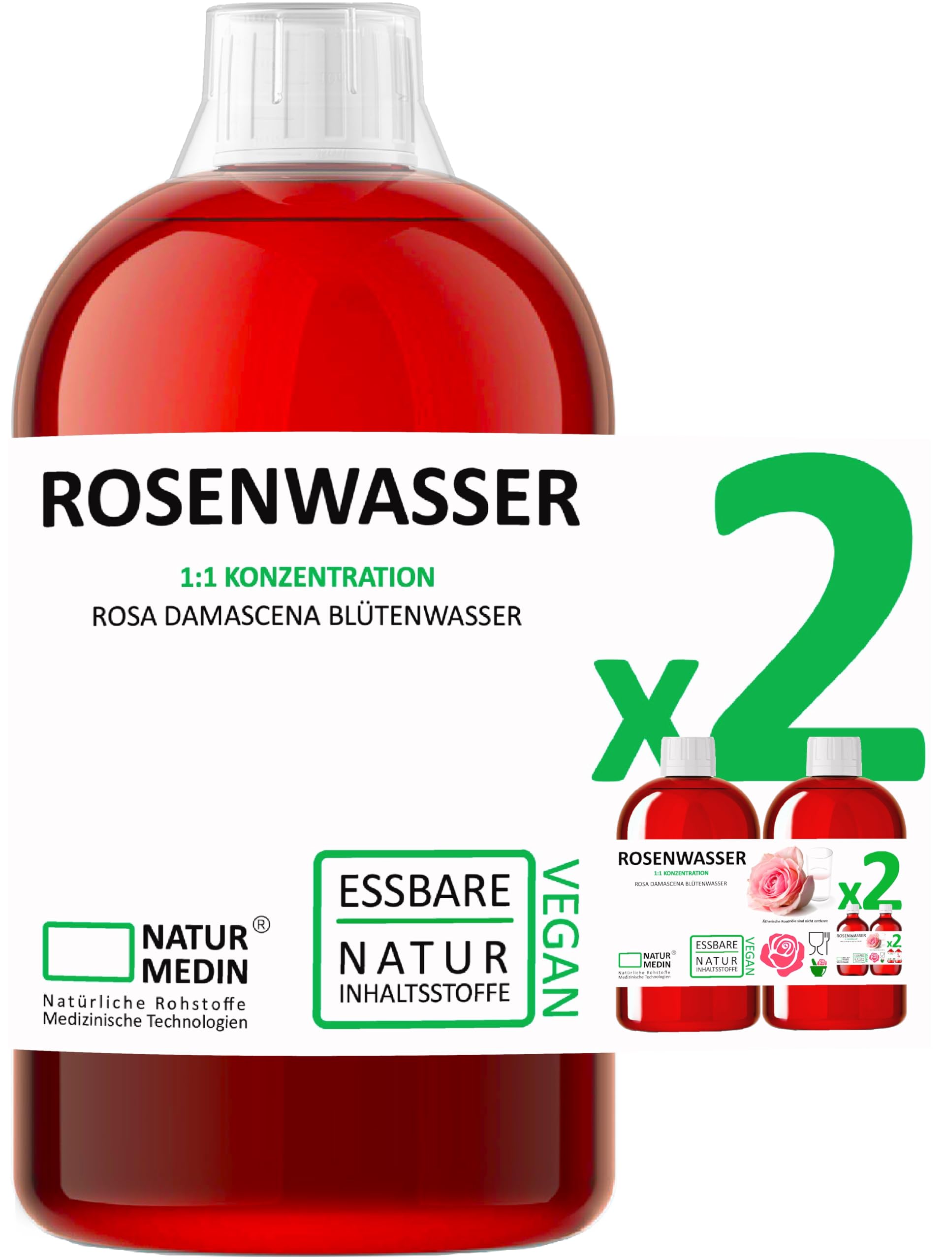 2.000 ml LEBENSMITTEL ROSENWASSER – Typ : Classic – (2x1.000ml) NATURMEDIN®