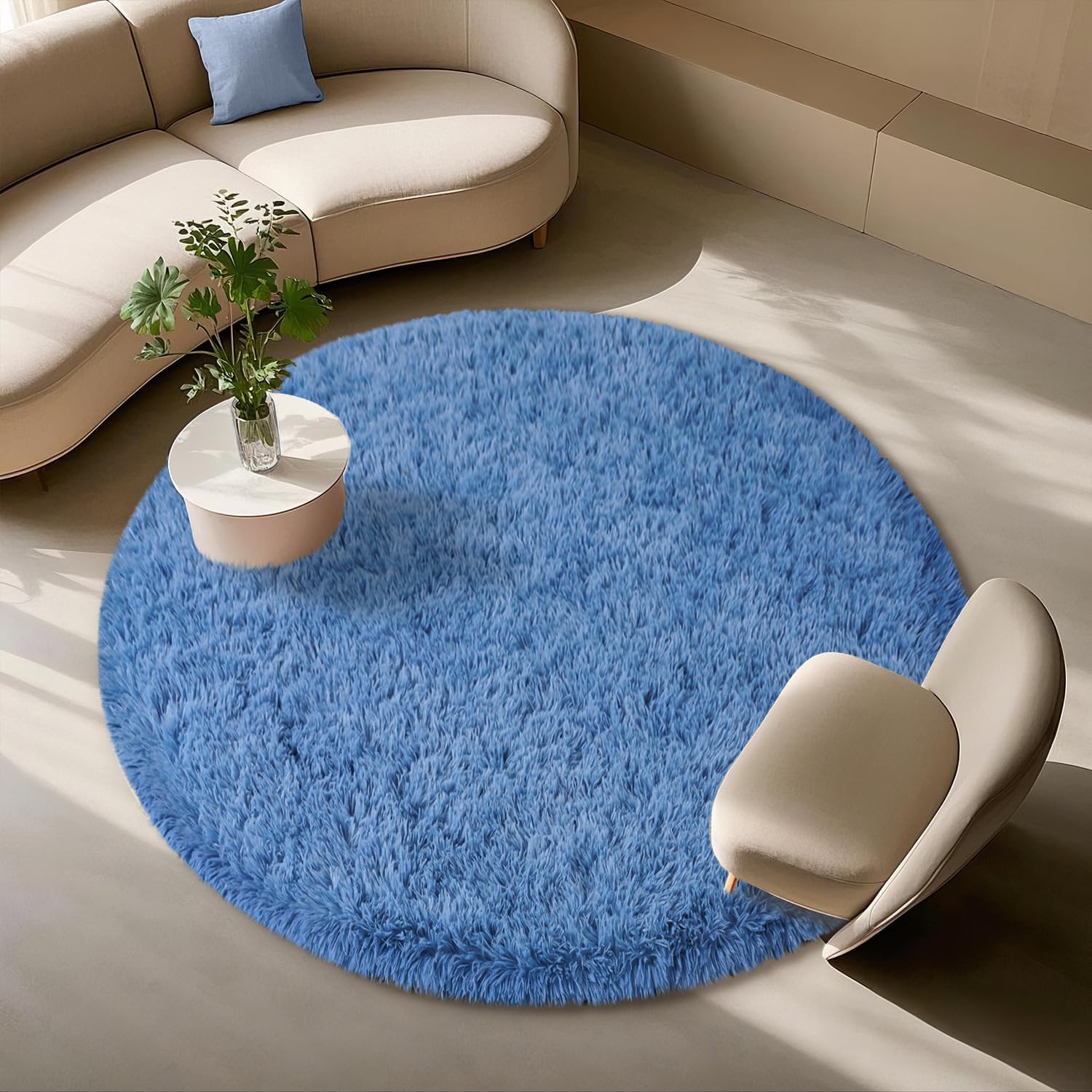 Blue Round Rugs for Bedroom 4x4 ft - Ultra Soft Faux Fur Area Rug ...