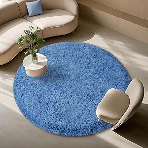 Blue Round Rugs for Bedroom 4x4 ft - Ultra Soft Faux Fur Area Rug - Plush Non-Slip Shaggy Carpet for Living Room, Cozy Fluffy Rug for Kids Boys Girls Dorm Nursery Room, High Pile Floor Carpet