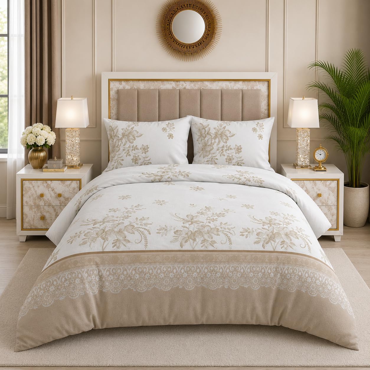 Trendy 4 Piece Complete Bedding Set – Soft Microfiber Double Duvet Cover, Fitted Sheet & 2 Pillowcases | Floral Printed, Wrinkle-Free & Lightweight for All Seasons
