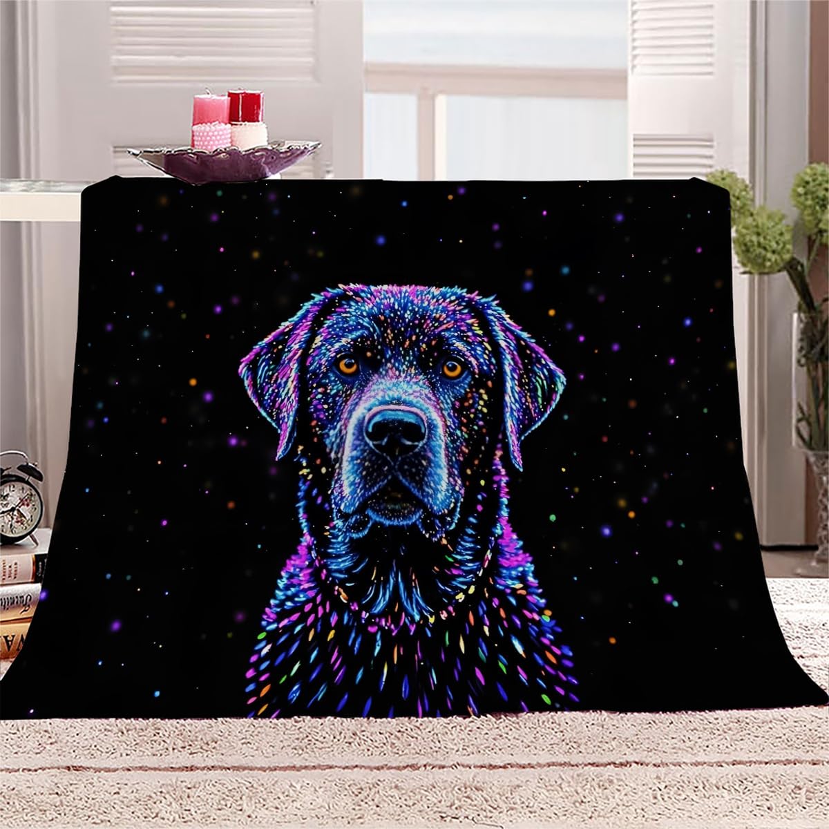 mantas para cama 130x150cm Perro Con Estrellas Y Rayas De Colores Sobre Fondo Negro manta sofa verano Plaid de Poliéster Ligero para Sofá Cama Picnic Exterior,Suave,Cálido y Fácil de Transportar