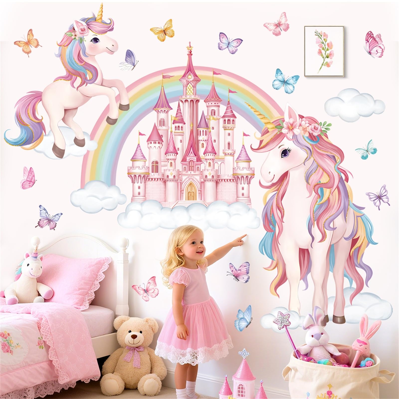 decalmile Large Unicorn Rainbow Wall Stickers Pink Castle Butterfly Wall Decals Baby Nursery Bedroom Girls Room Home Decor - Image 2