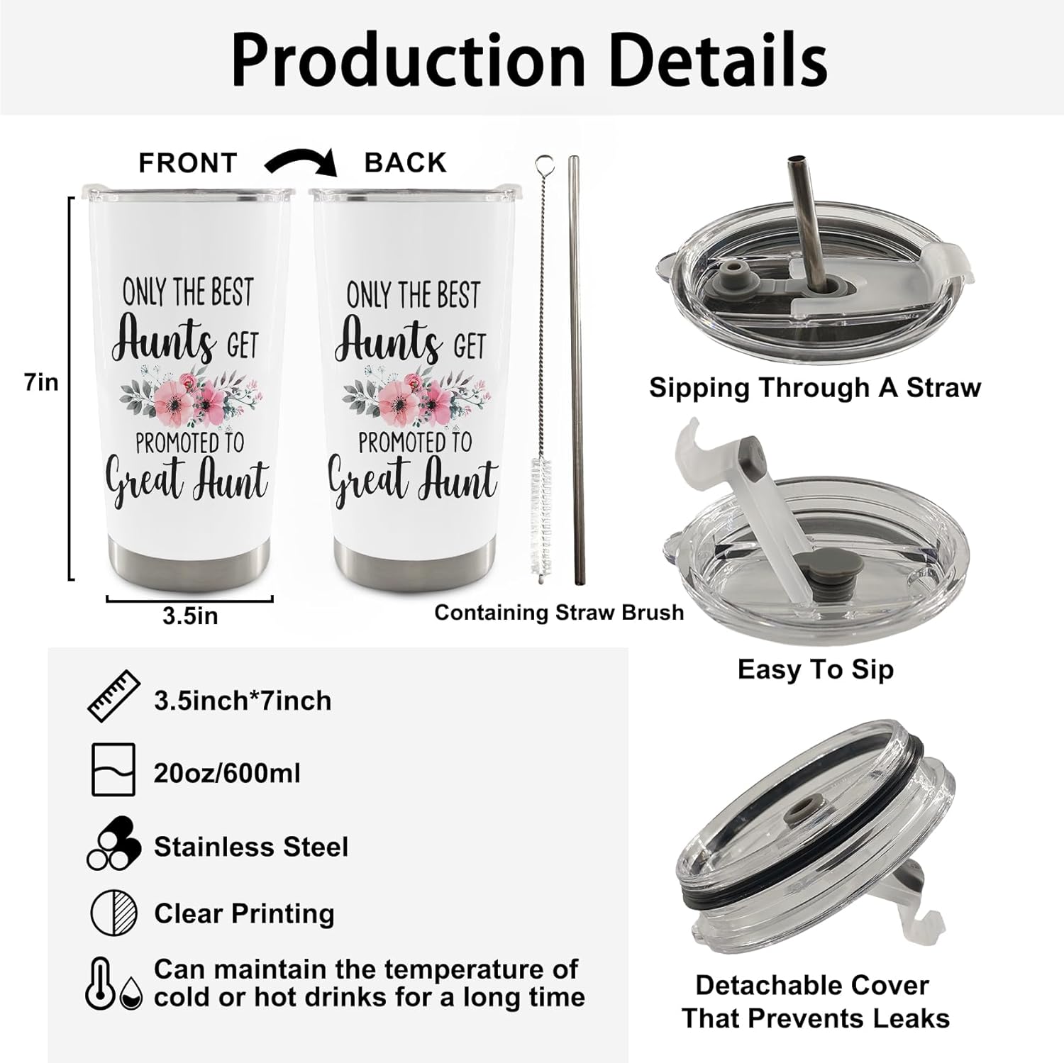 QASHWEY Great Aunt Gifts Coffee Tumbler 20 oz, BestAunt Travel Tumbler Coffee Mug Gifts for GreatAunt, AuntGifts from Niece Nephew,Promoted to Great Aunt Stainless Steel Tumblers with Straw and Lid - Image 7