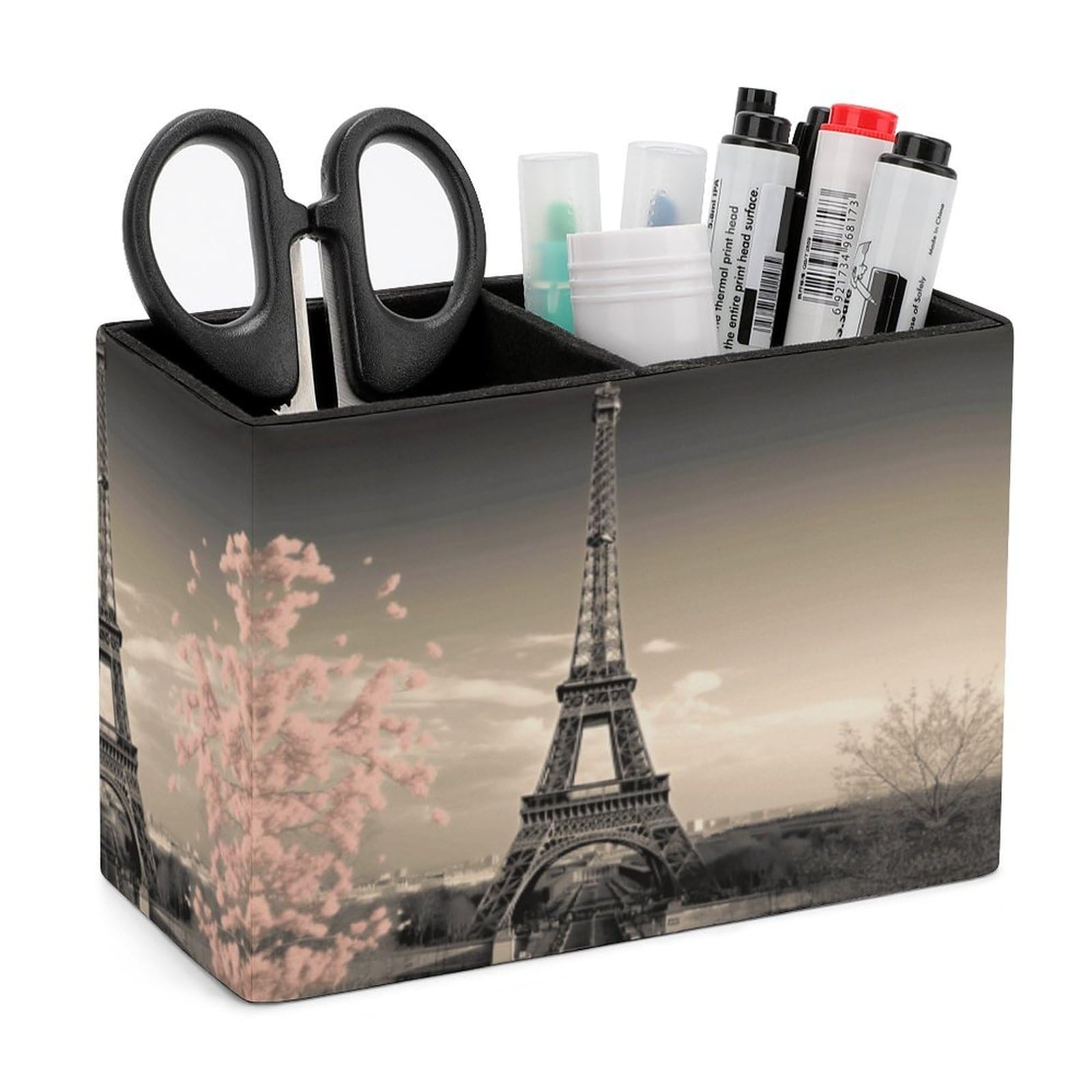 LZQPOEAS Exquisite Patterns PU Leather Pen Holder, Multifunctional Desktop Organizer Caddy with 2 Compartments, Paris Tower Pencil Cup Makeup Brush Holder for Office Home