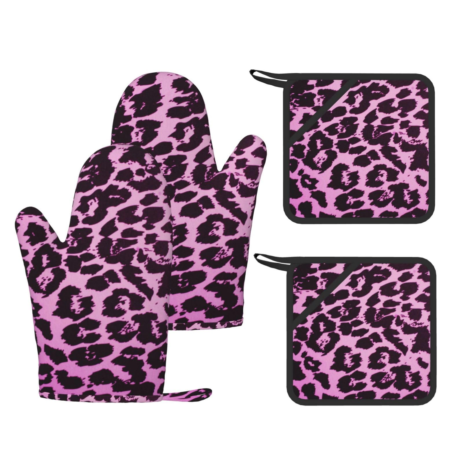 Léopard Violet,Gants de Cuisine et maniques (Lot de 4), antidérapants Gants de Four résistants à la Chaleur