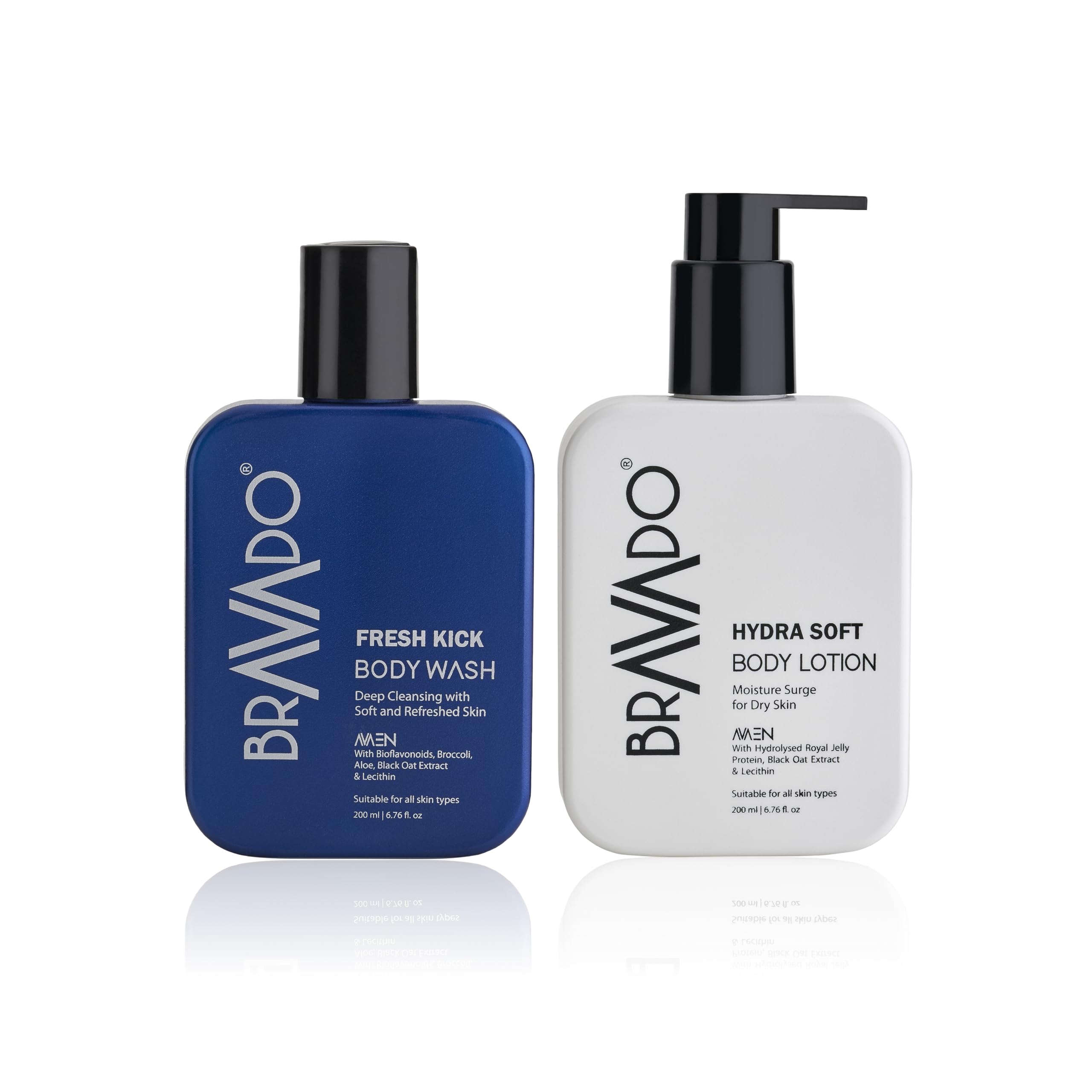 BRAVADO Fresh Kick Body Wash & Hydra Soft Body Lotion for Men | Combo Pack of 2, 400ml | Deep Cleansing Body Wash + Moisturizing SPF Lotion | Daily Refreshing Grooming Kit