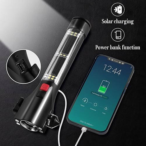 Vista 3 de Linterna de martillo de seguridad para automóvil con cortador de cinturón de seguridad, LED de alto lúmenes, rojo y azul SOS intermitente, carga