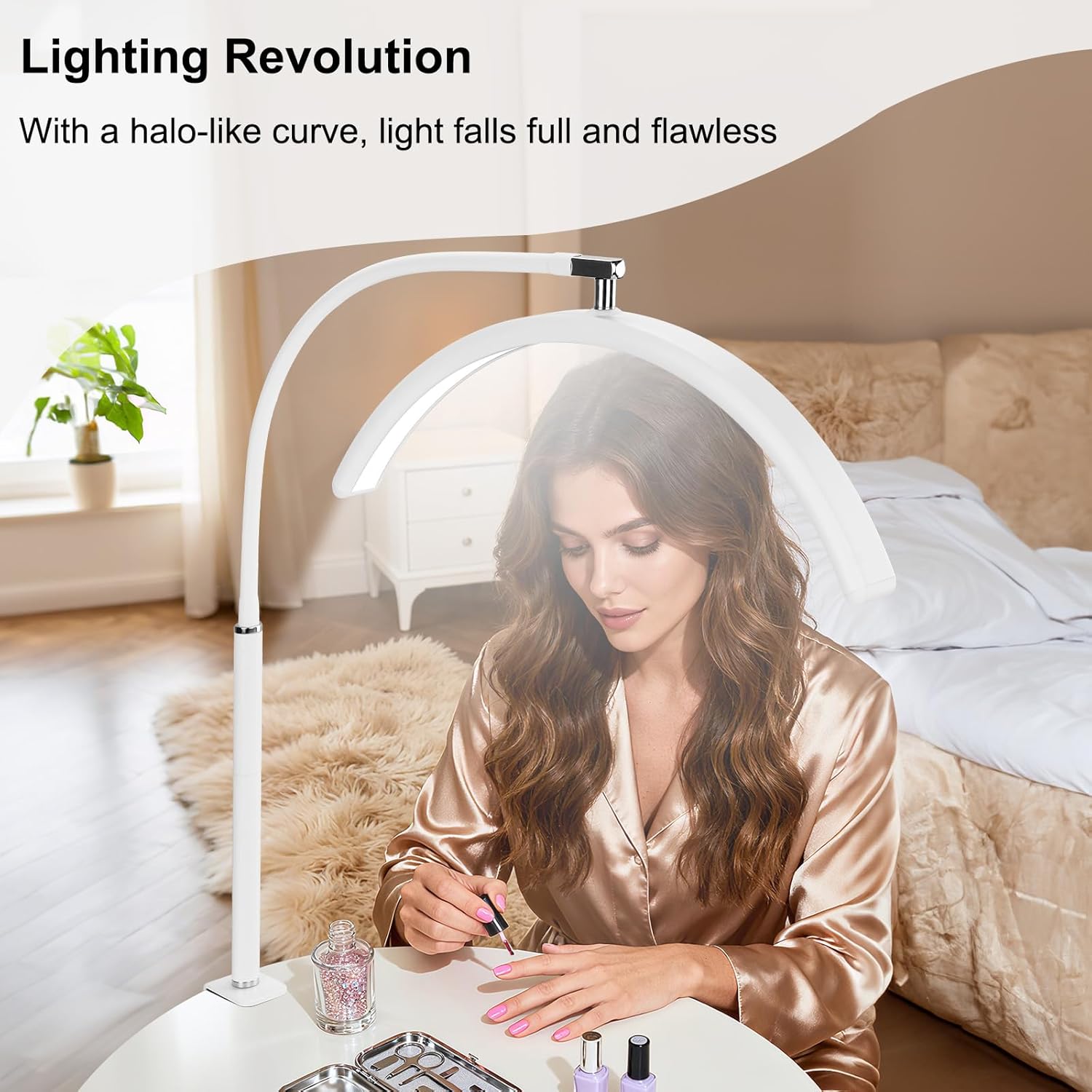 Professional Half Moon LED Desk Light for Nail Techs & Artists – Flexible Gooseneck Lamp with Clamp, 3 Color Modes & 5 Brightness Levels for Manicure, Tattoo, Beauty Work