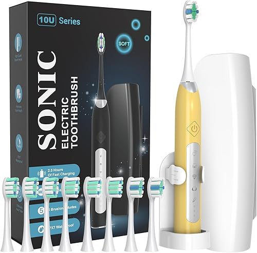 ANVS Sonic Electric Toothbrush, Yellow, Unisex-Adults, 90-Day Battery Life, 5 Modes, Waterproof, 2-Minute Smart Timer, Replacement Heads Included