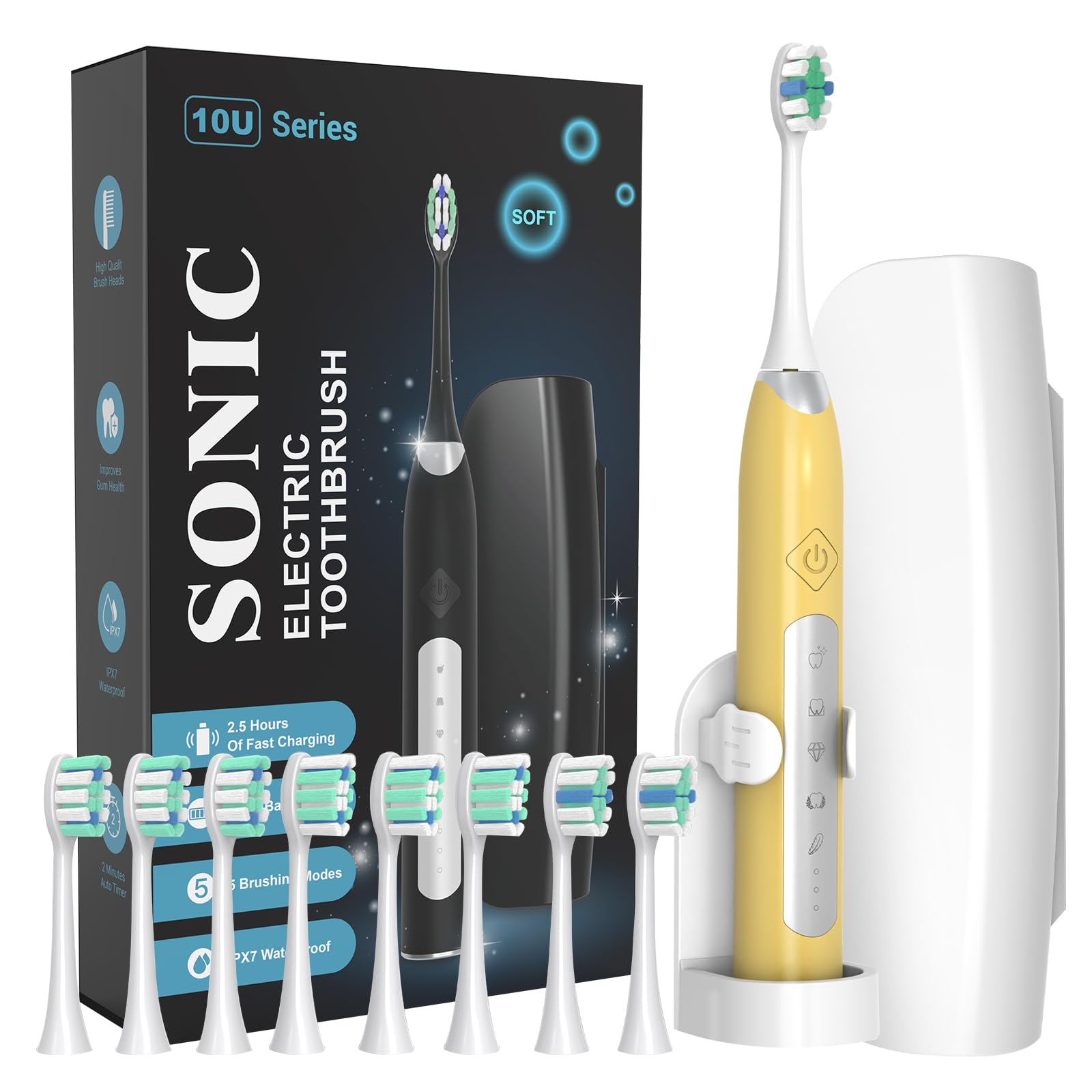 ANVS Sonic Electric Toothbrush, Yellow, Unisex-Adults, 90-Day Battery Life, 5 Modes, Waterproof, 2-Minute Smart Timer, Replacement Heads Included