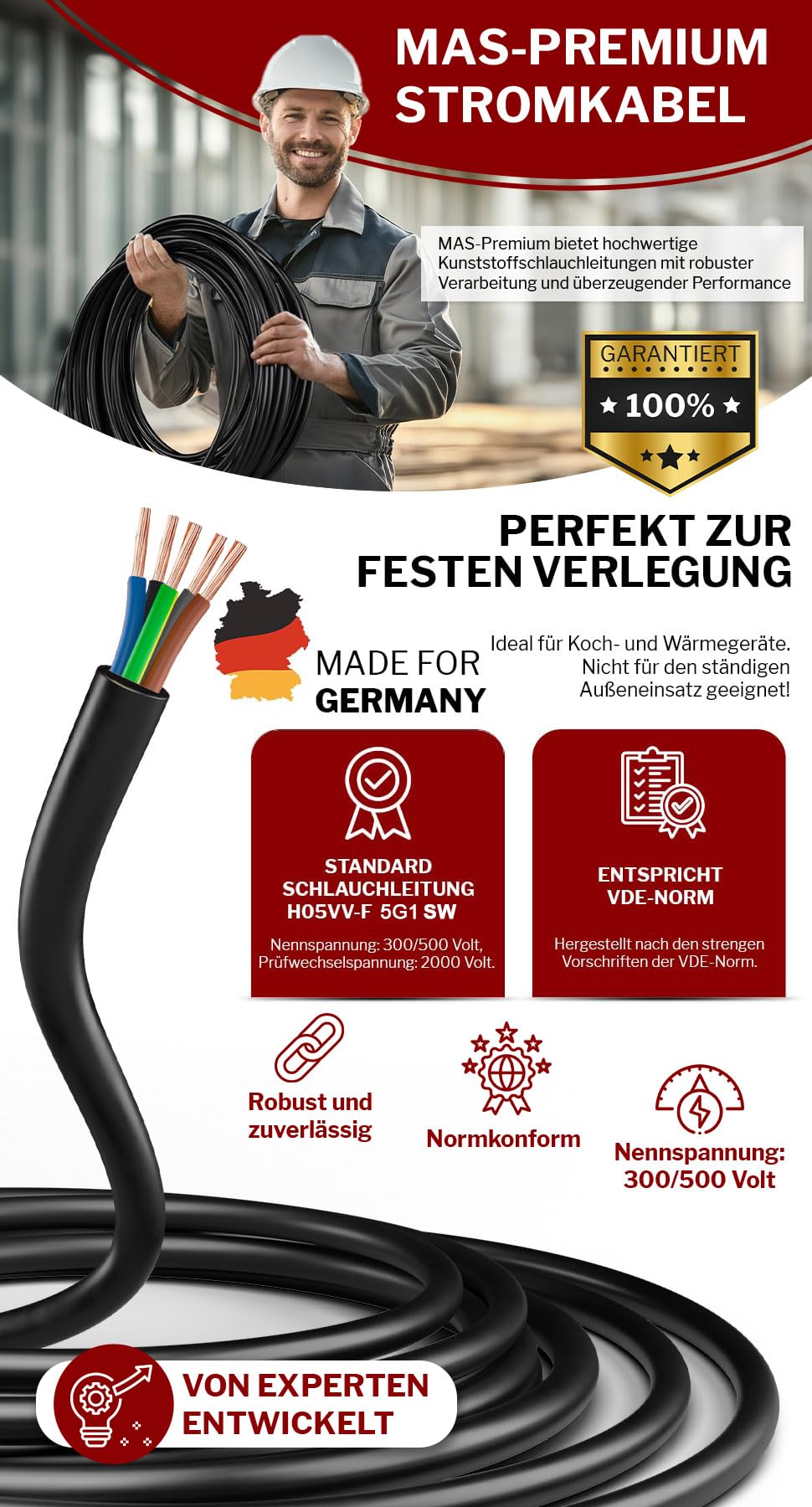 MAS Premium De 5 a 100 m de manguera de plástico H05VV-F 2, 3 o 5 x 0,75; x1; x1,5 o x2,5 y 4G0,75, cable flexible para dispositivos (H05VV-F 5G1 SW, 20 m)